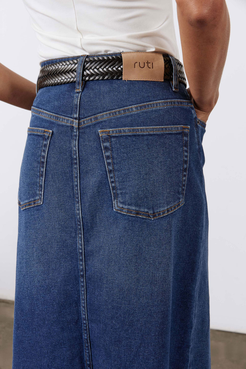 A-Line Stretch Denim Midi Skirt