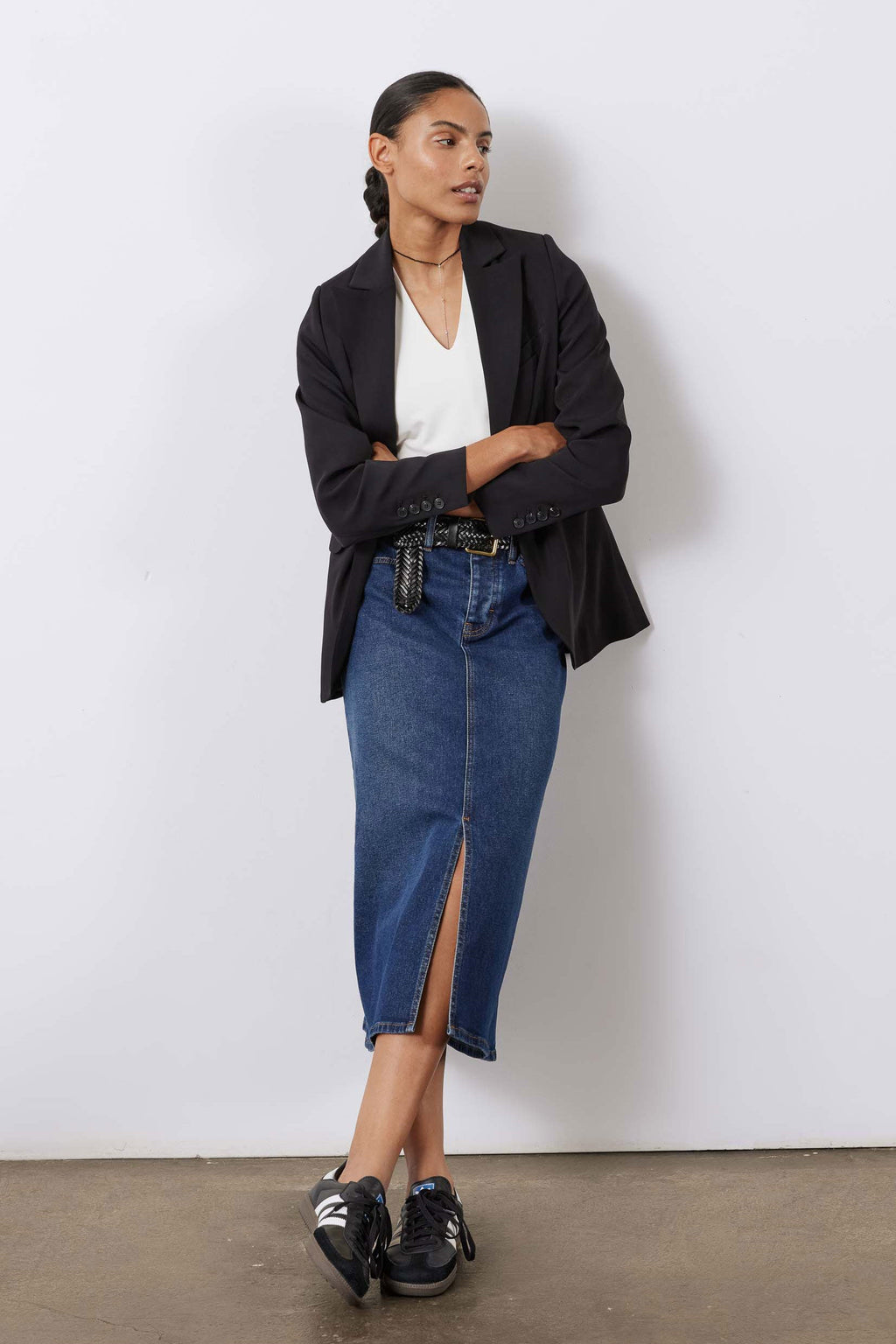 A-Line Stretch Denim Midi Skirt