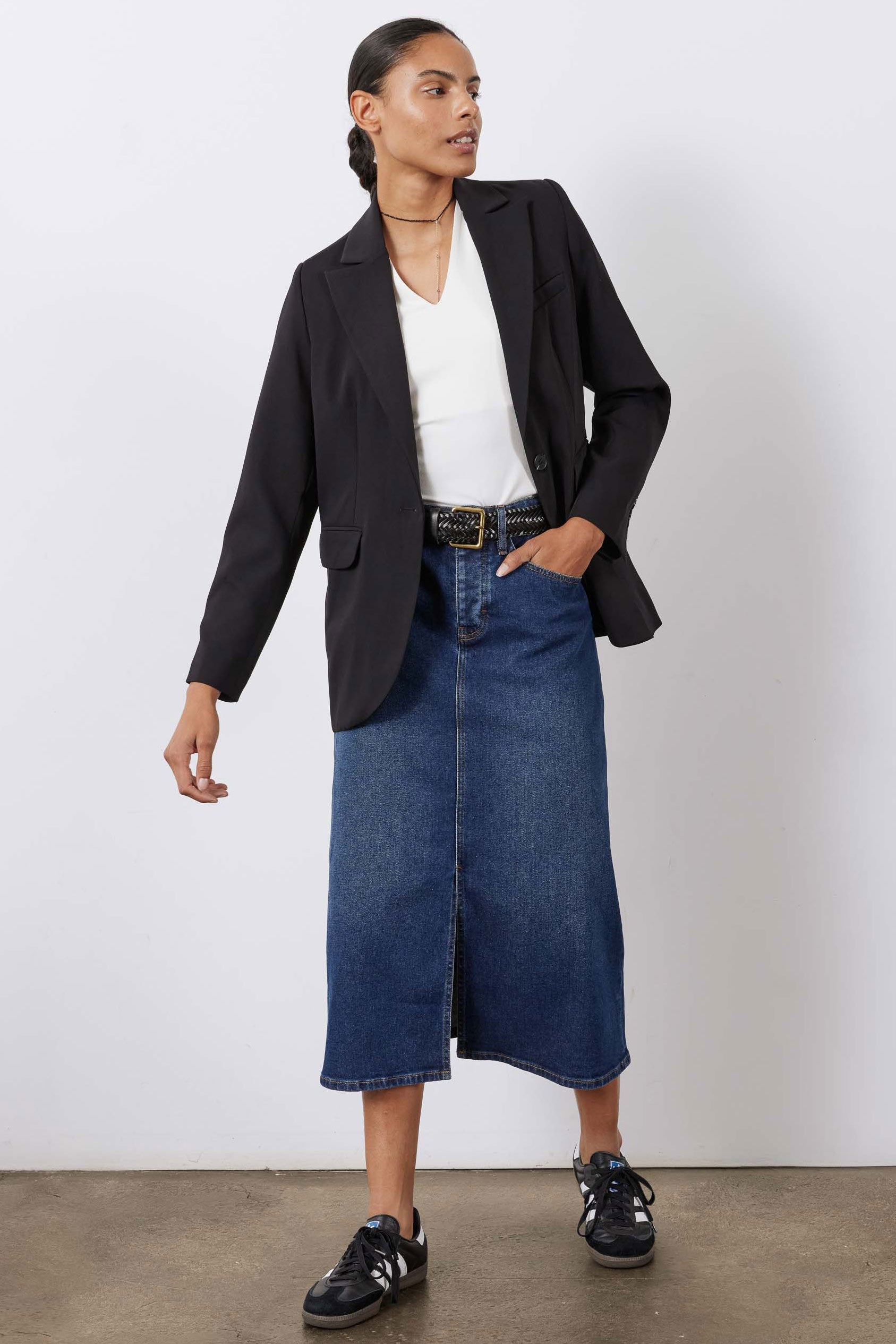 A-Line Stretch Denim Midi Skirt