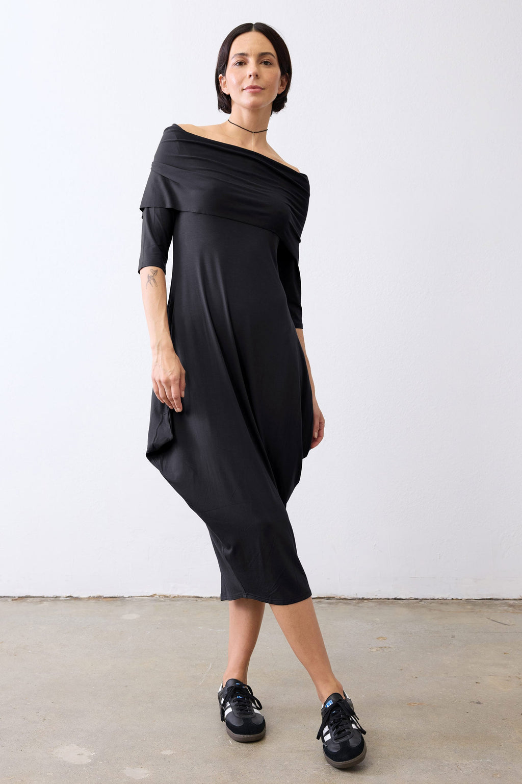 Off-Shoulder Drape-Neck Maxi Dress in Black