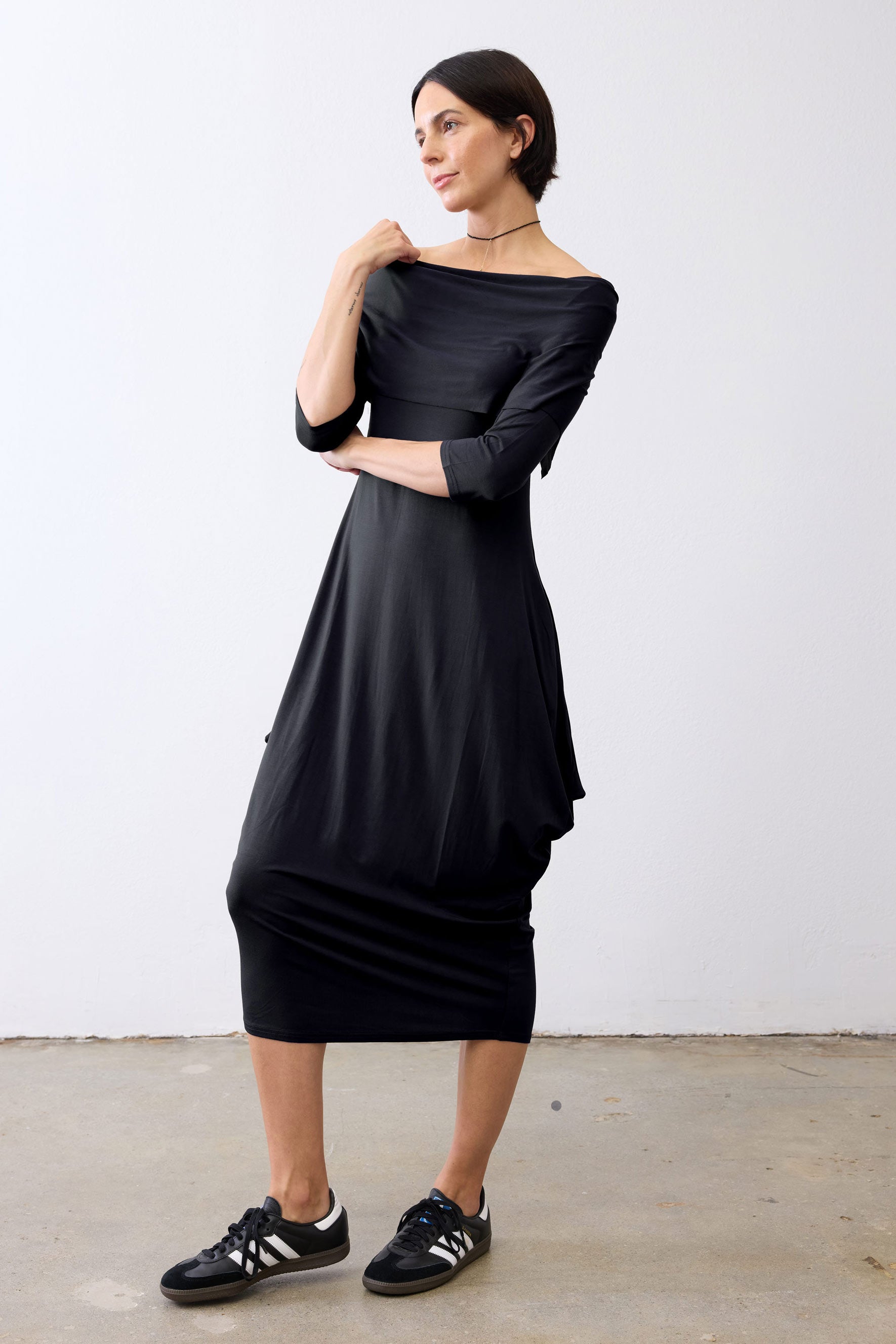 Off-Shoulder Drape-Neck Maxi Dress in Black