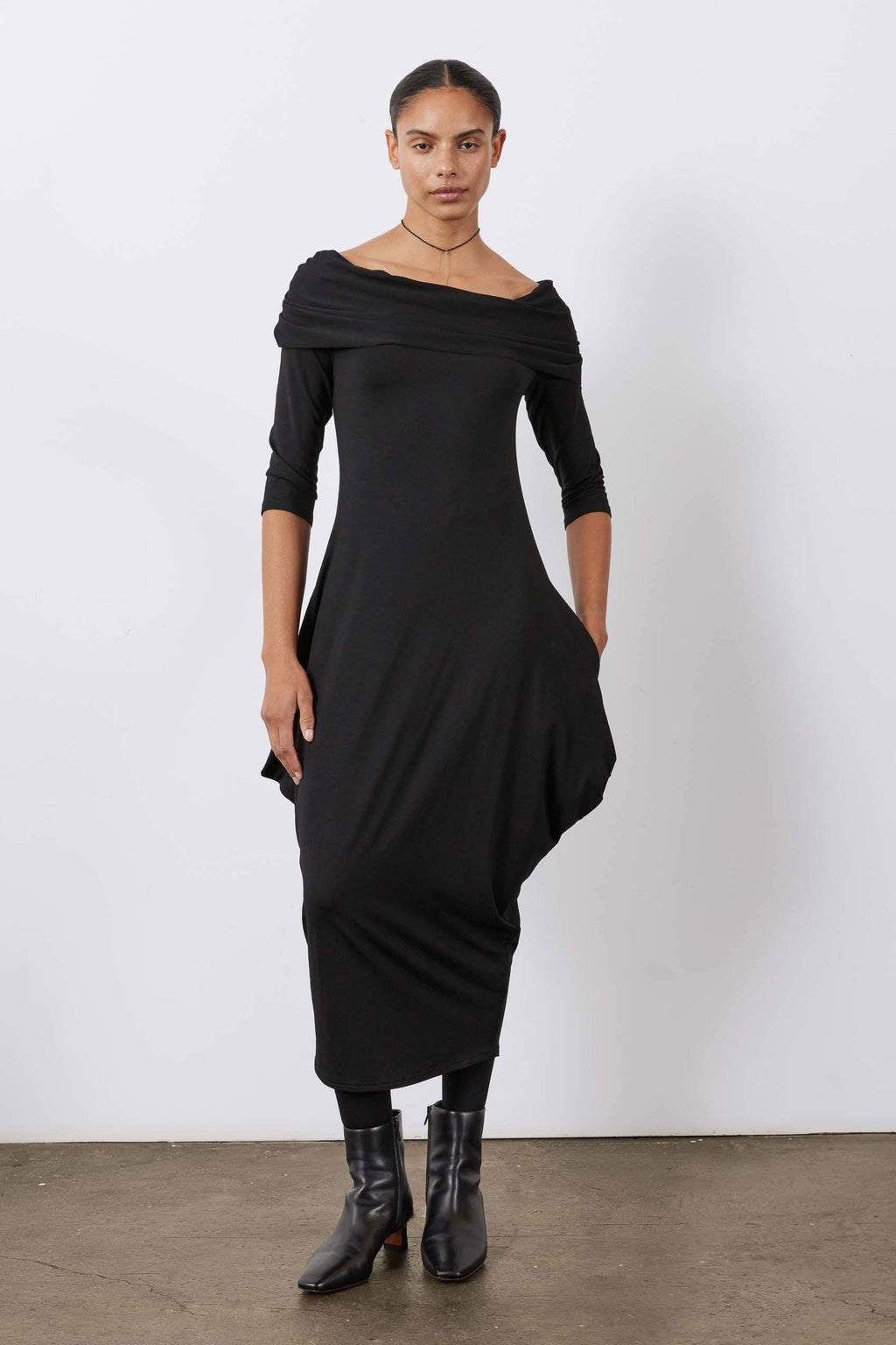 Off-Shoulder Drape-Neck Maxi Dress in Black