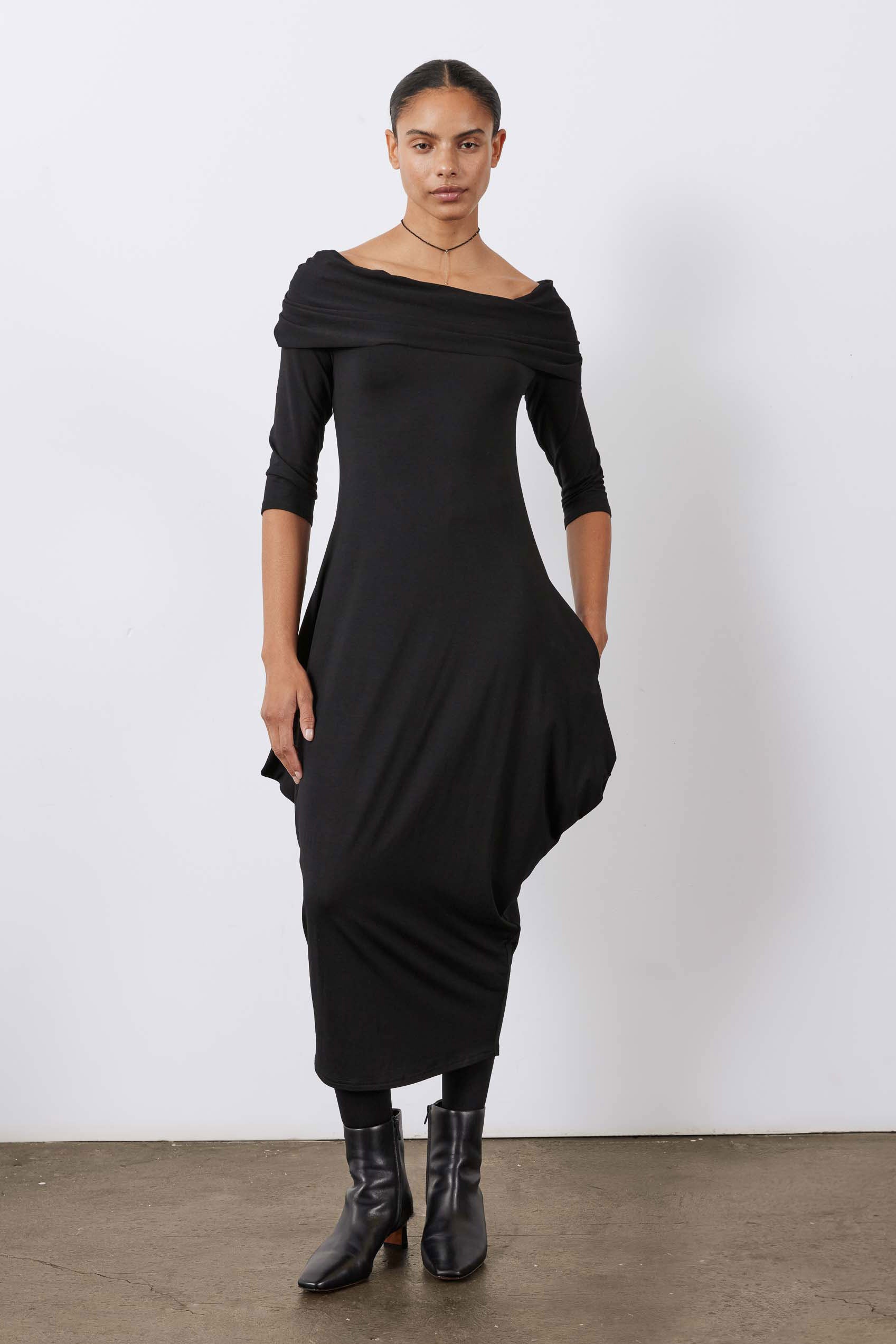 Off-Shoulder Drape-Neck Maxi Dress in Black