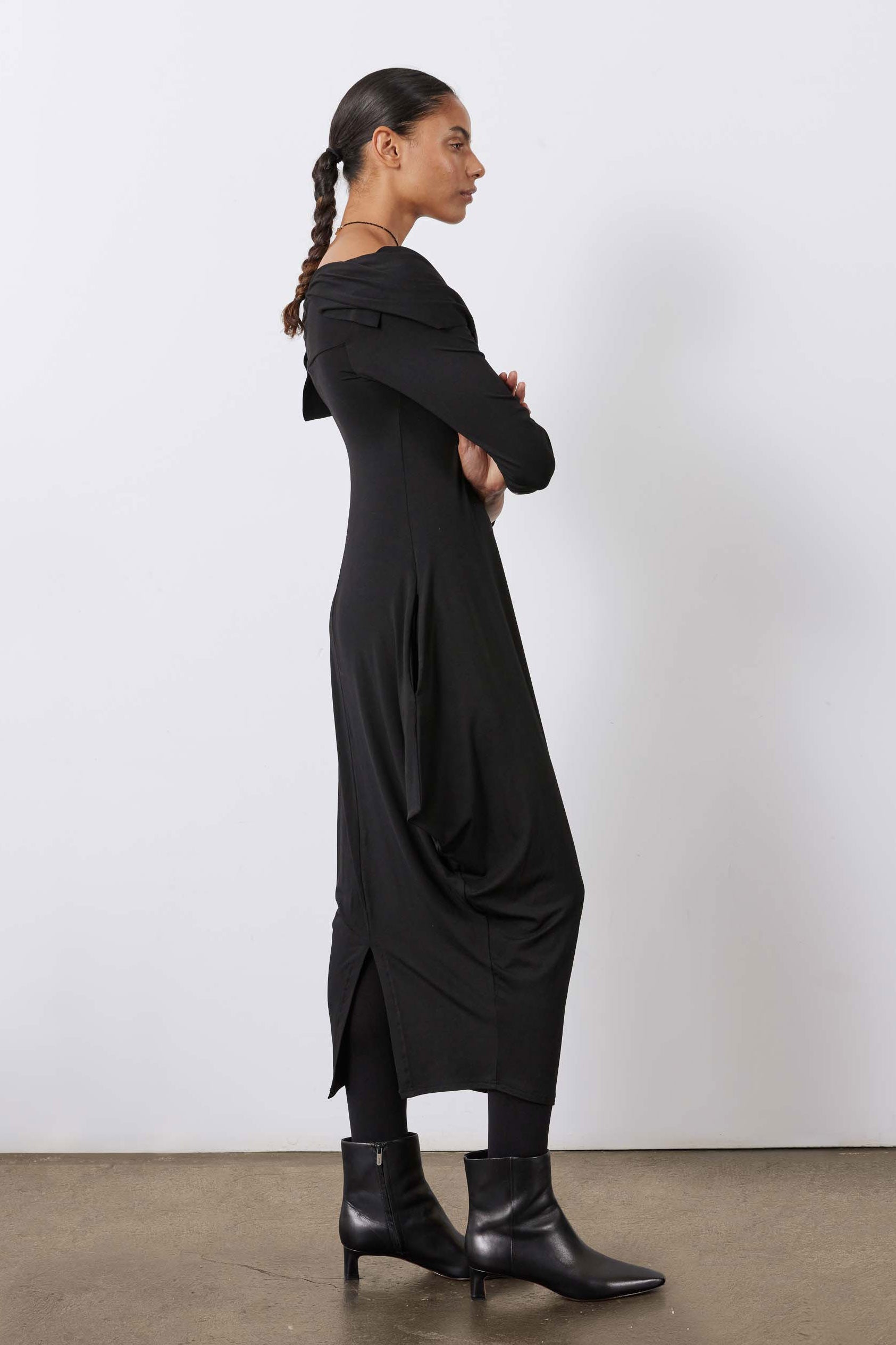 Off-Shoulder Drape-Neck Maxi Dress in Black
