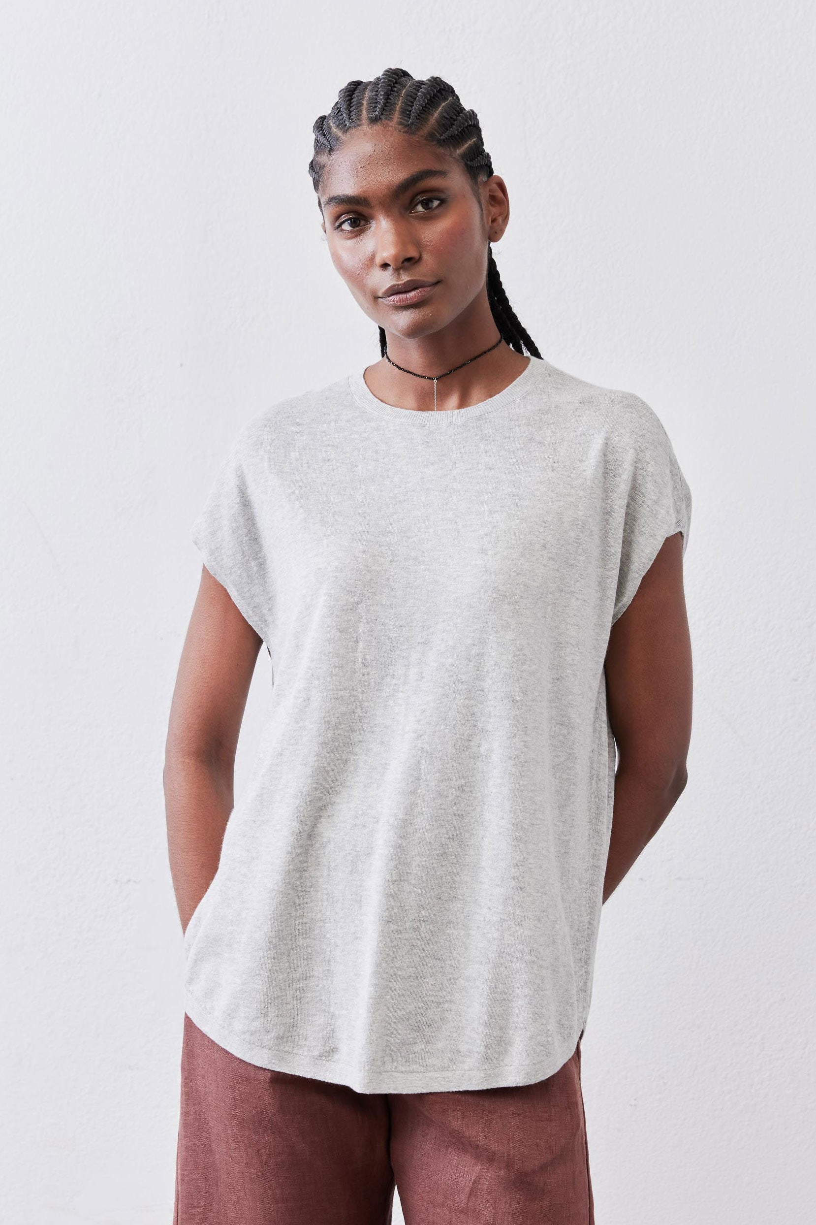 Oversized Cap-Sleeve Lightweight Knit Top in Dawn Fog