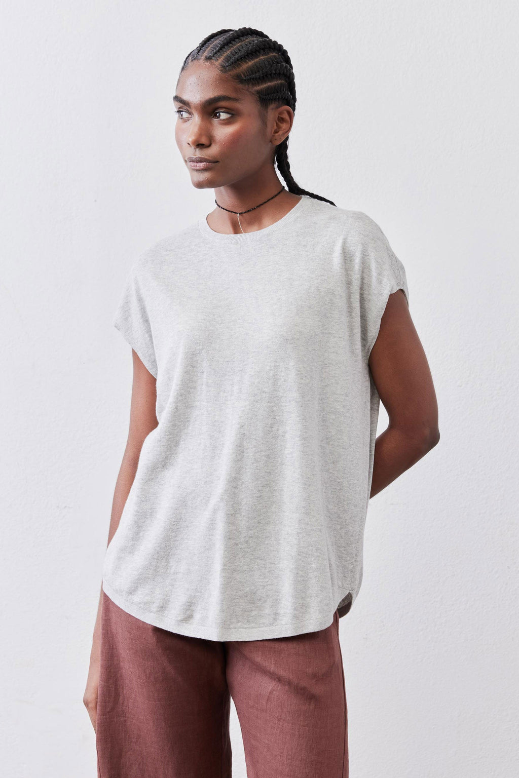 Oversized Cap-Sleeve Lightweight Knit Top in Dawn Fog