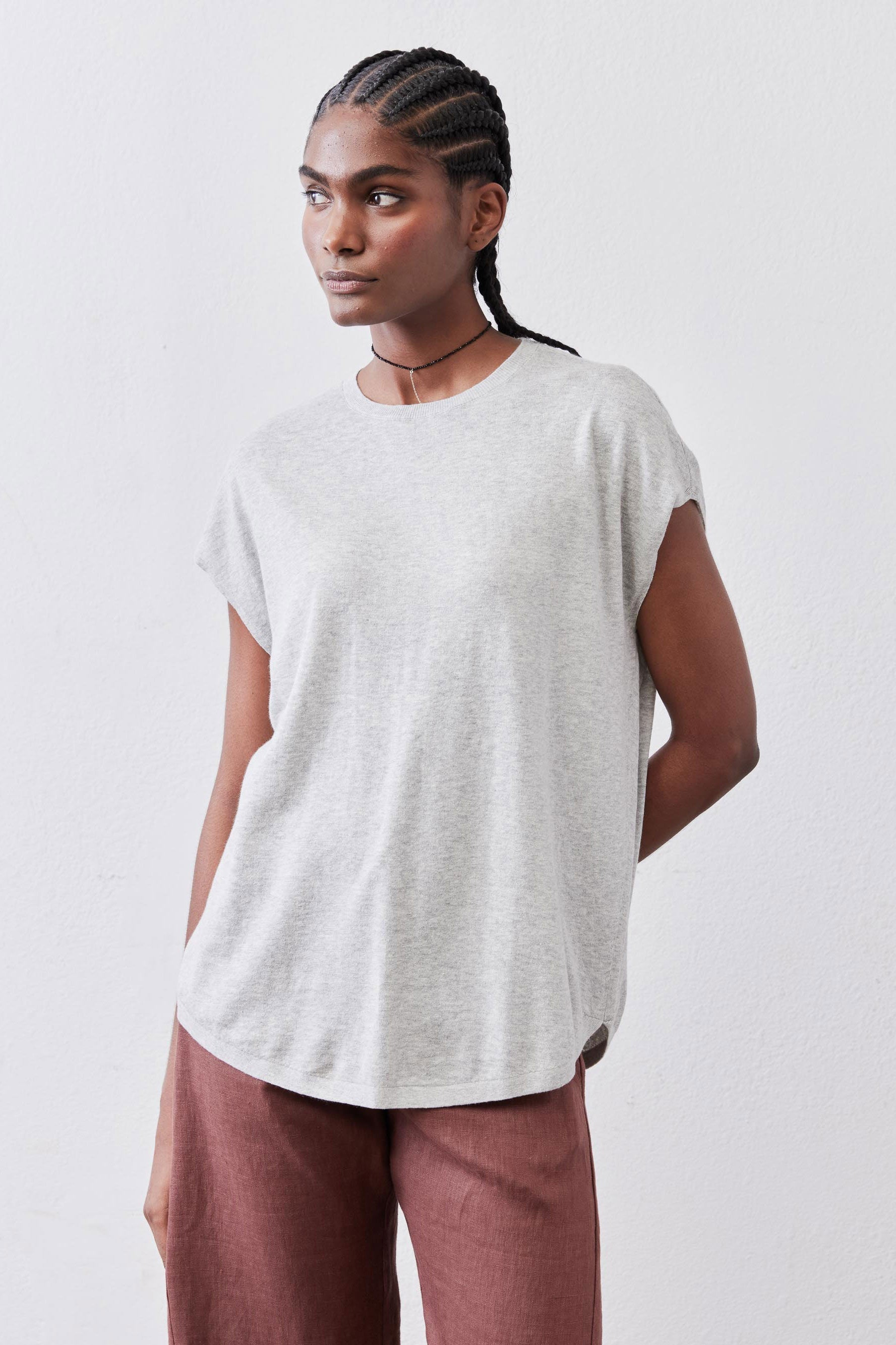 Oversized Cap-Sleeve Lightweight Knit Top in Dawn Fog