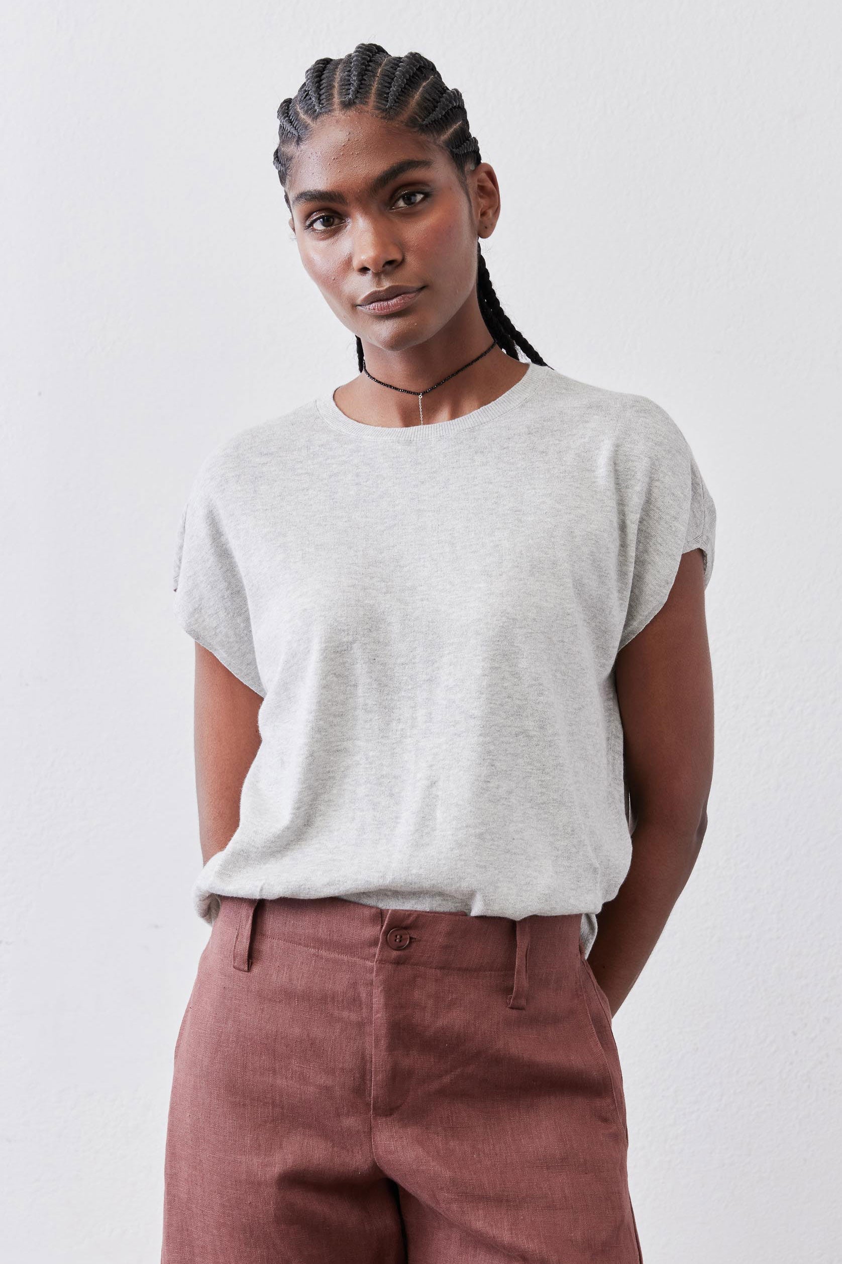 Oversized Cap-Sleeve Lightweight Knit Top in Dawn Fog