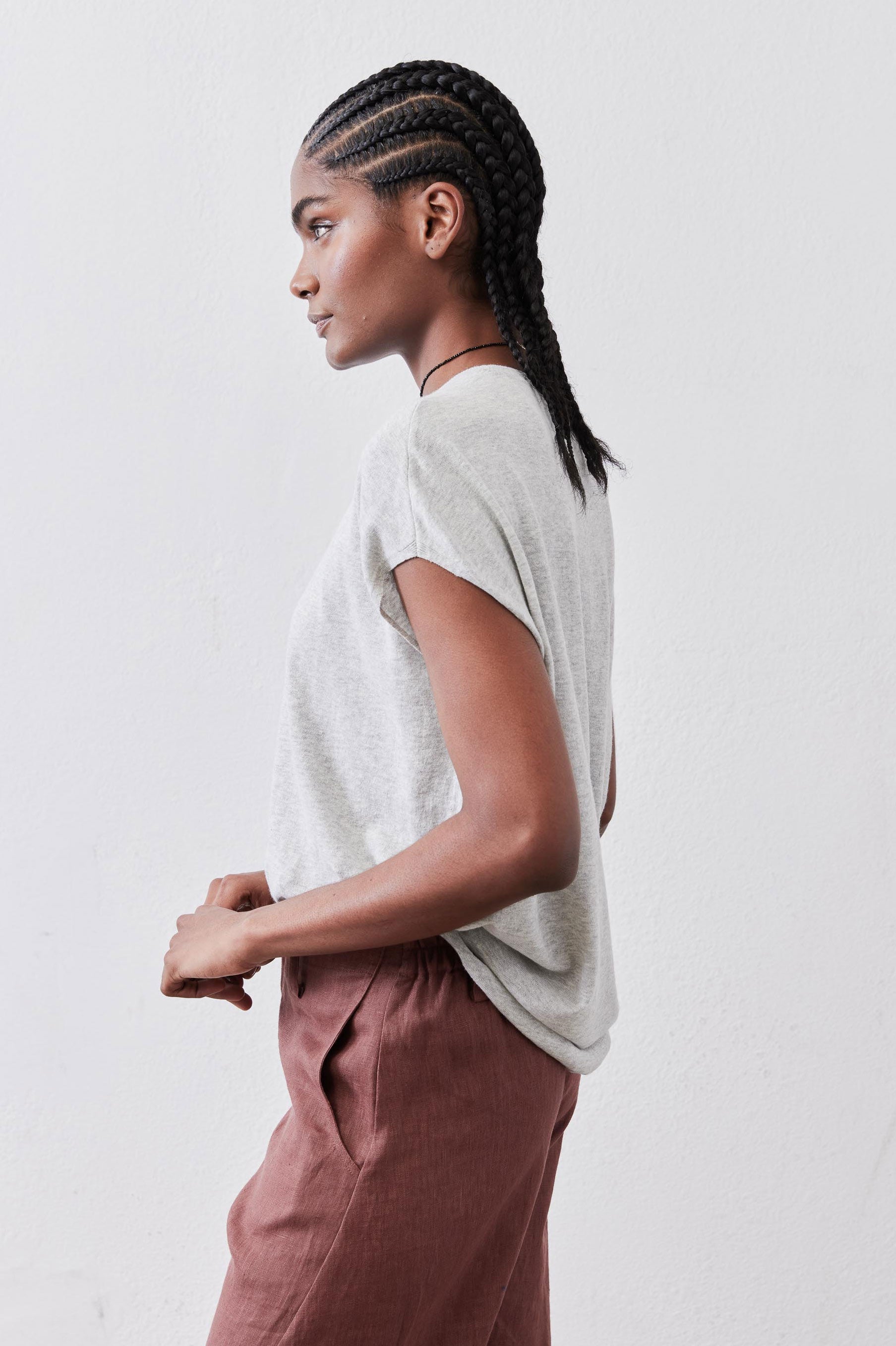 Oversized Cap-Sleeve Lightweight Knit Top in Dawn Fog