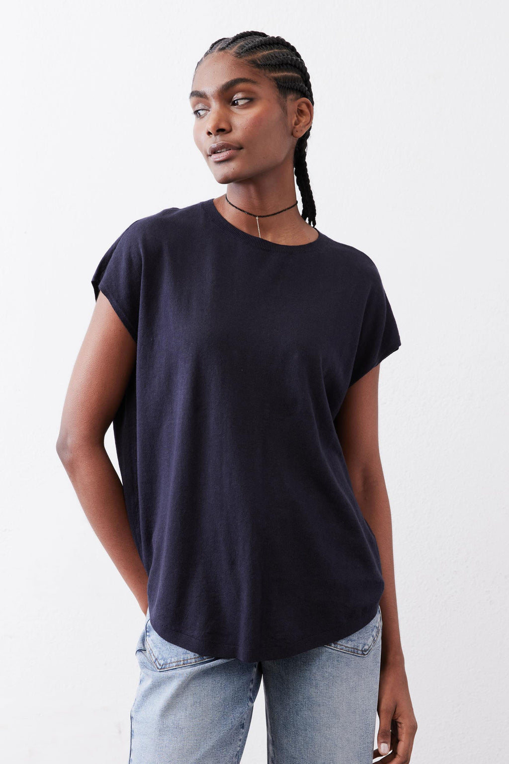 Oversized Dolman-Sleeve Lightweight Knit Top in Midnight Navy