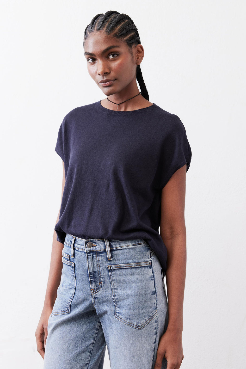 Oversized Dolman-Sleeve Lightweight Knit Top in Midnight Navy