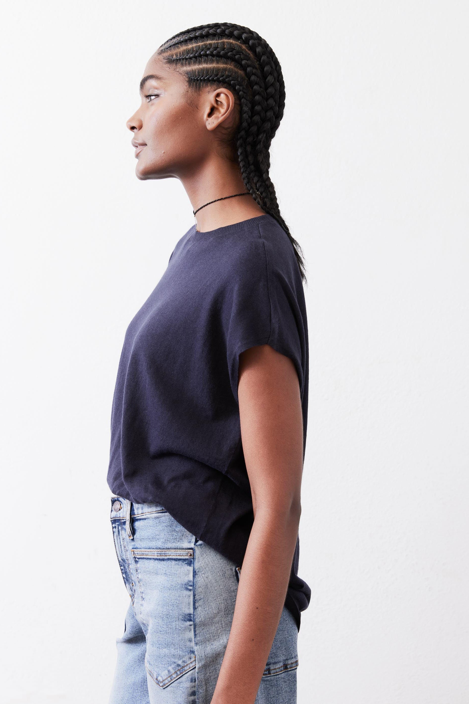 Oversized Dolman-Sleeve Lightweight Knit Top in Midnight Navy