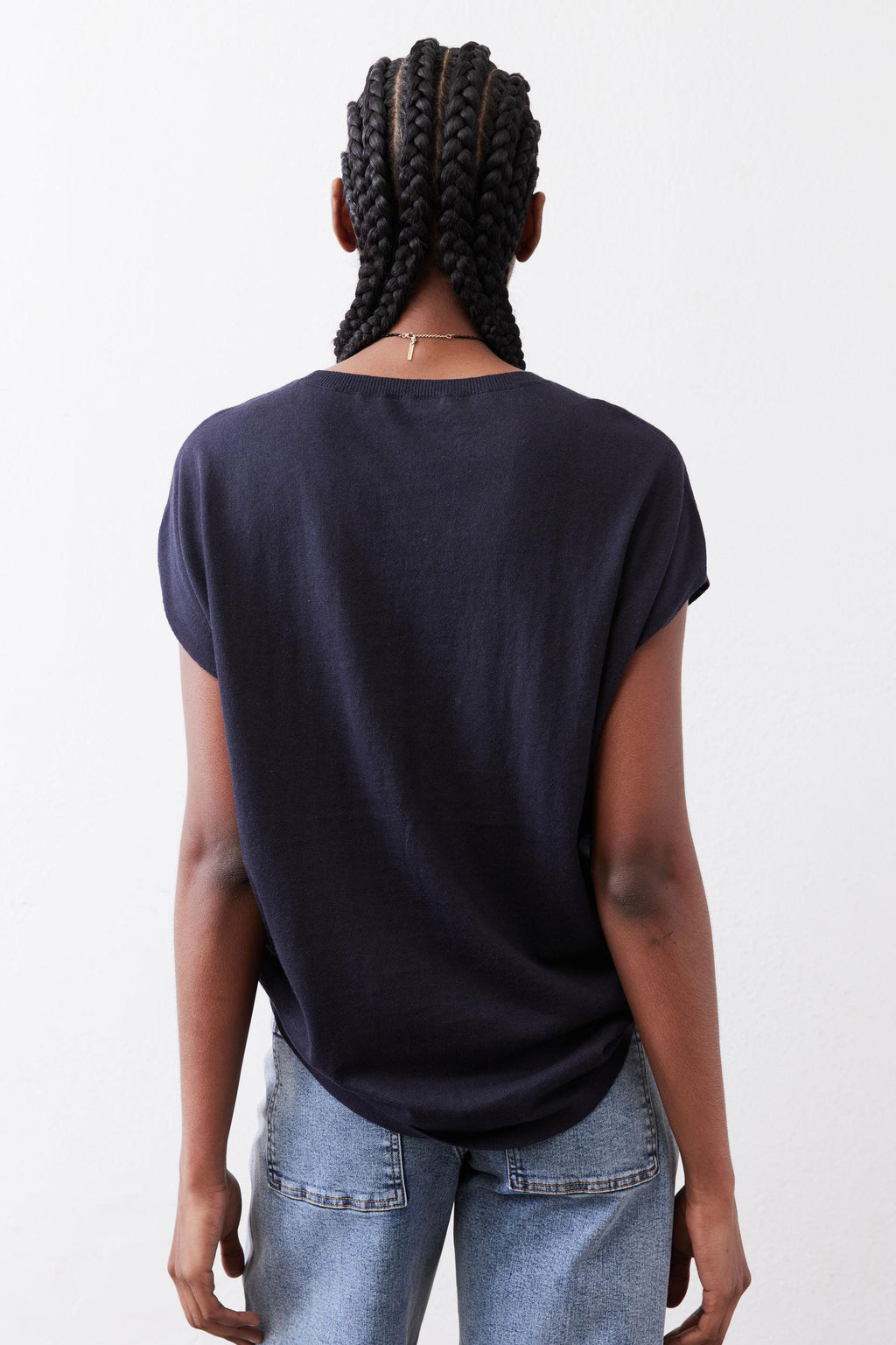 Oversized Dolman-Sleeve Lightweight Knit Top in Midnight Navy