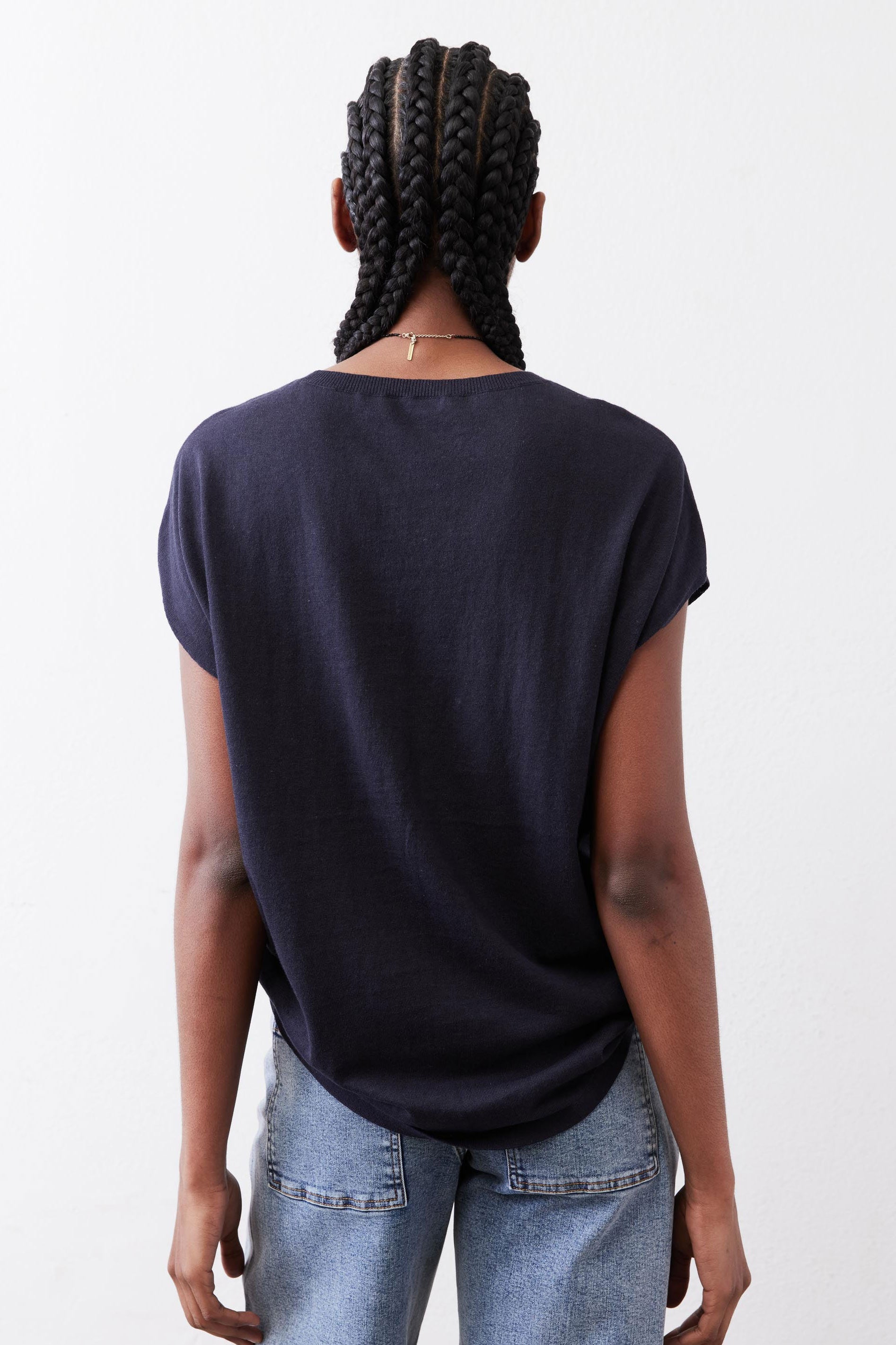 Oversized Dolman-Sleeve Lightweight Knit Top in Midnight Navy