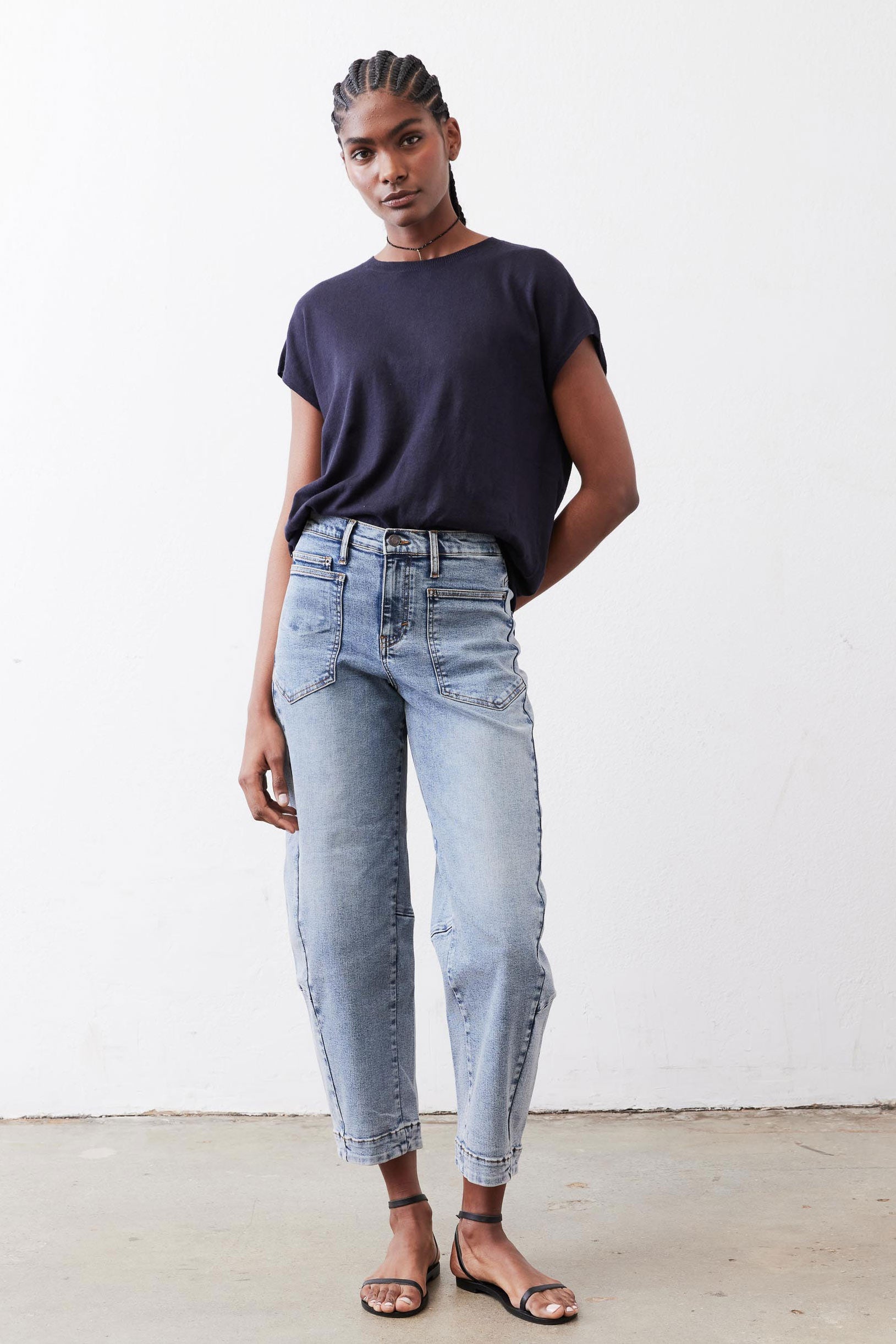 Oversized Dolman-Sleeve Lightweight Knit Top in Midnight Navy