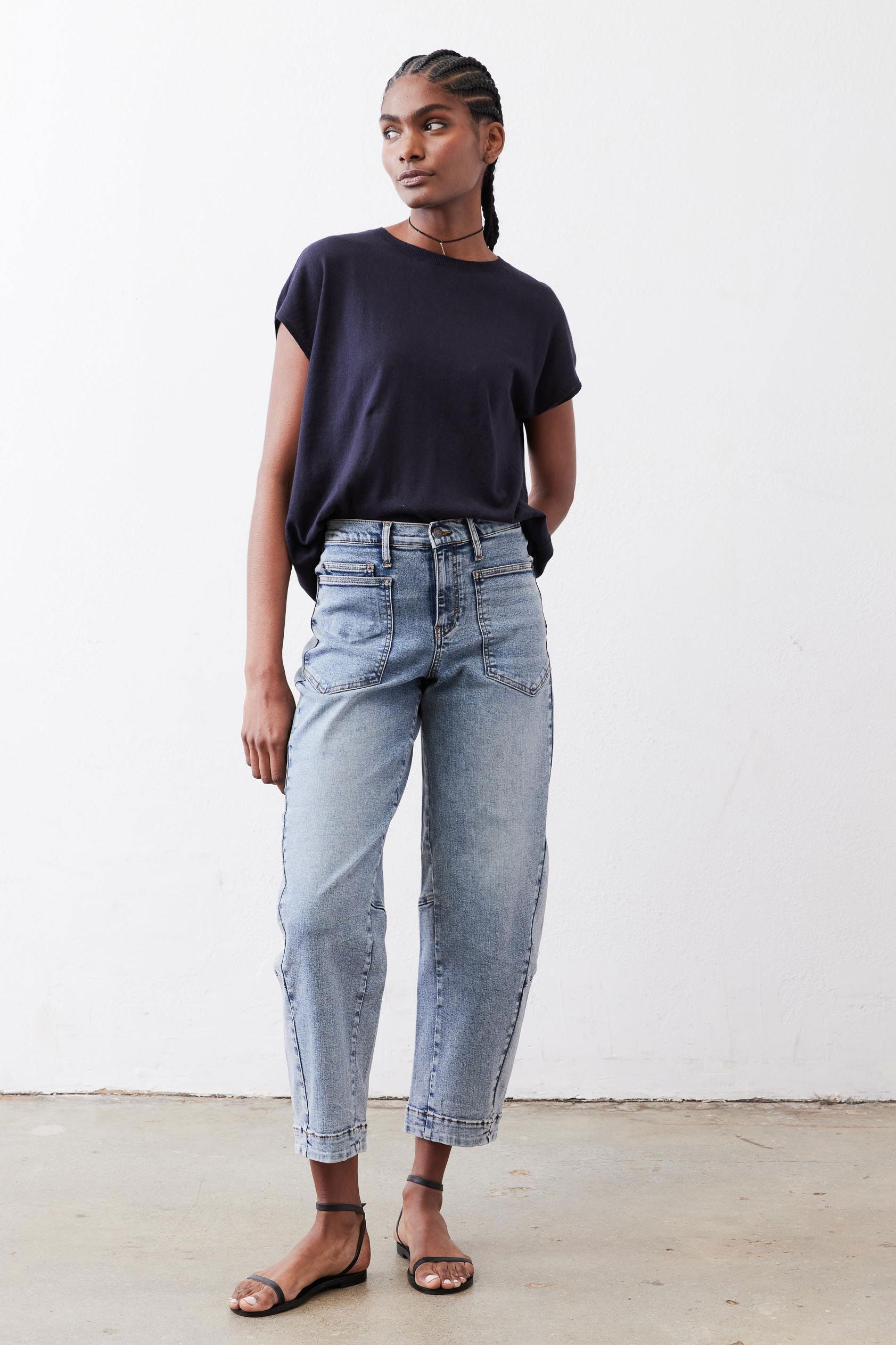 Oversized Dolman-Sleeve Lightweight Knit Top in Midnight Navy
