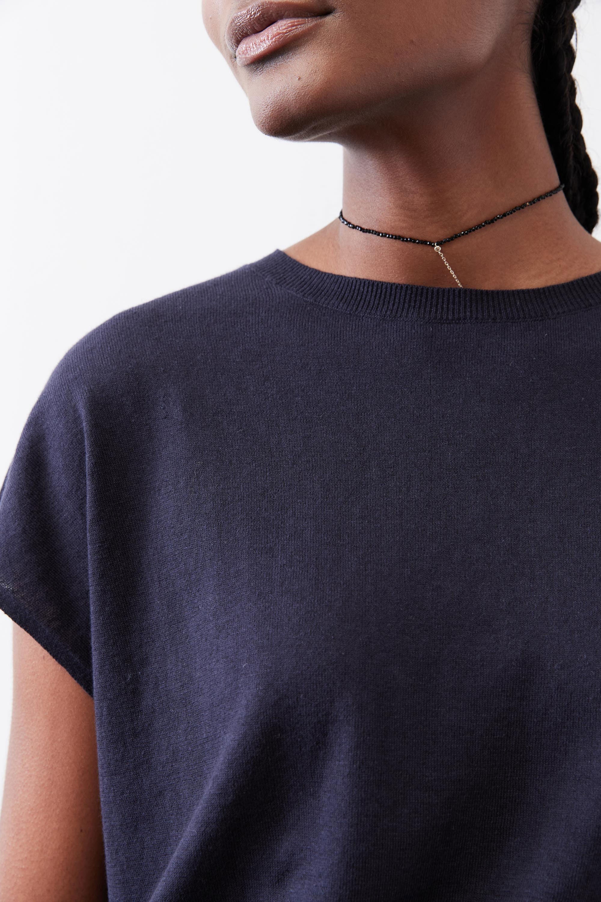 Oversized Dolman-Sleeve Lightweight Knit Top in Midnight Navy