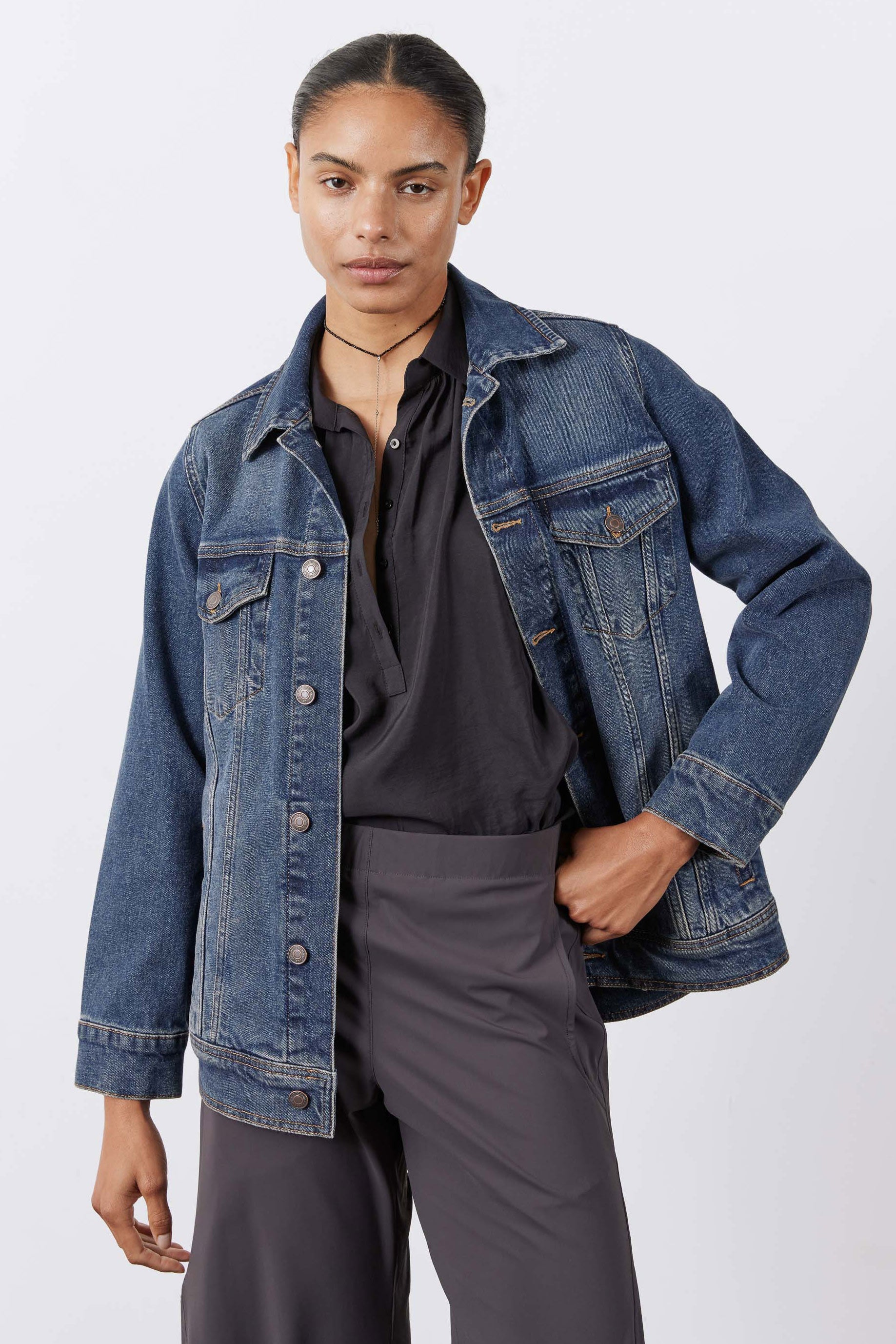 Longline Medium-Wash Denim Jacket