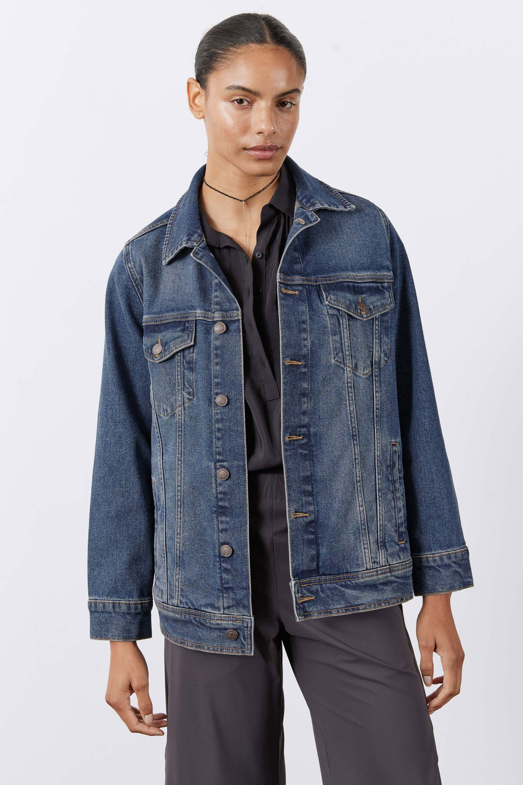 Longline Medium-Wash Denim Jacket