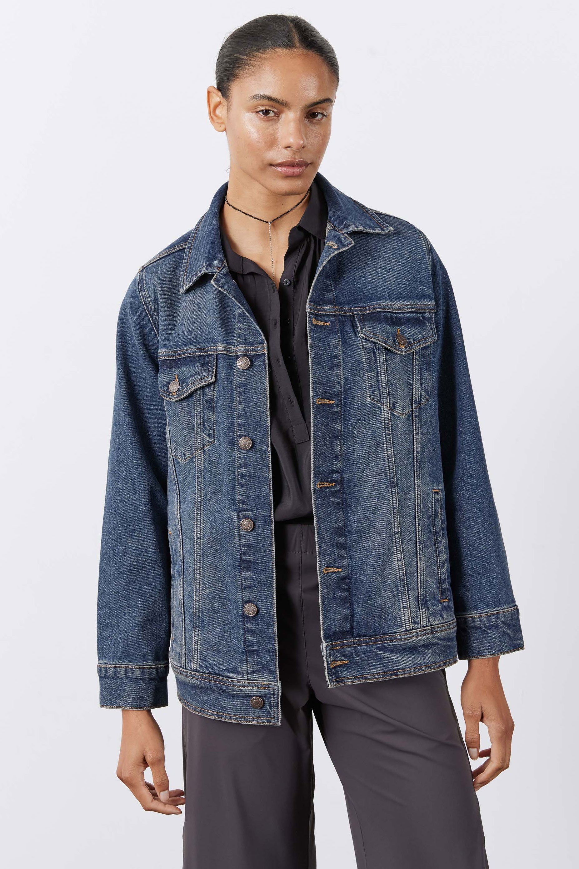 Longline Medium-Wash Denim Jacket