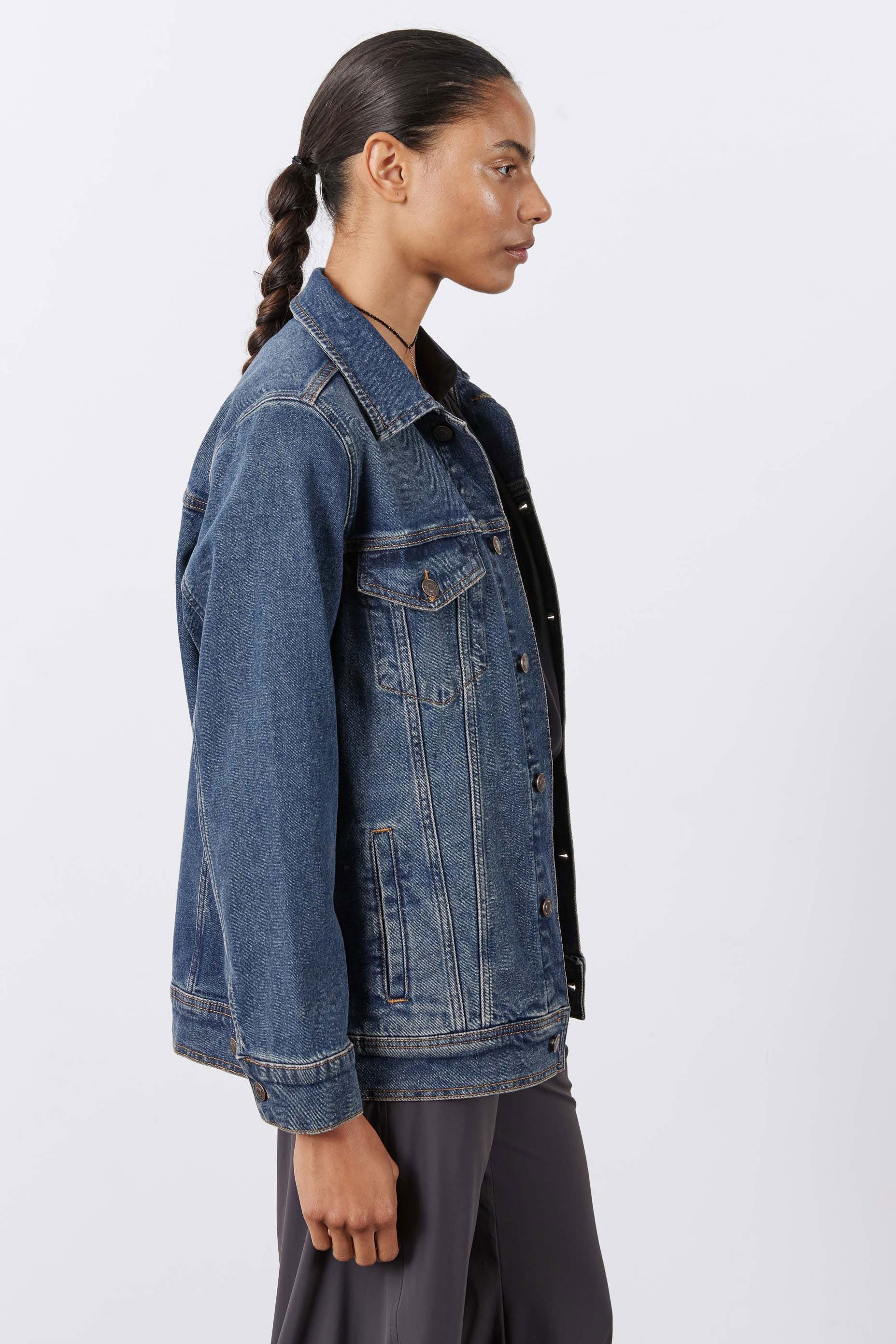 Longline Medium-Wash Denim Jacket