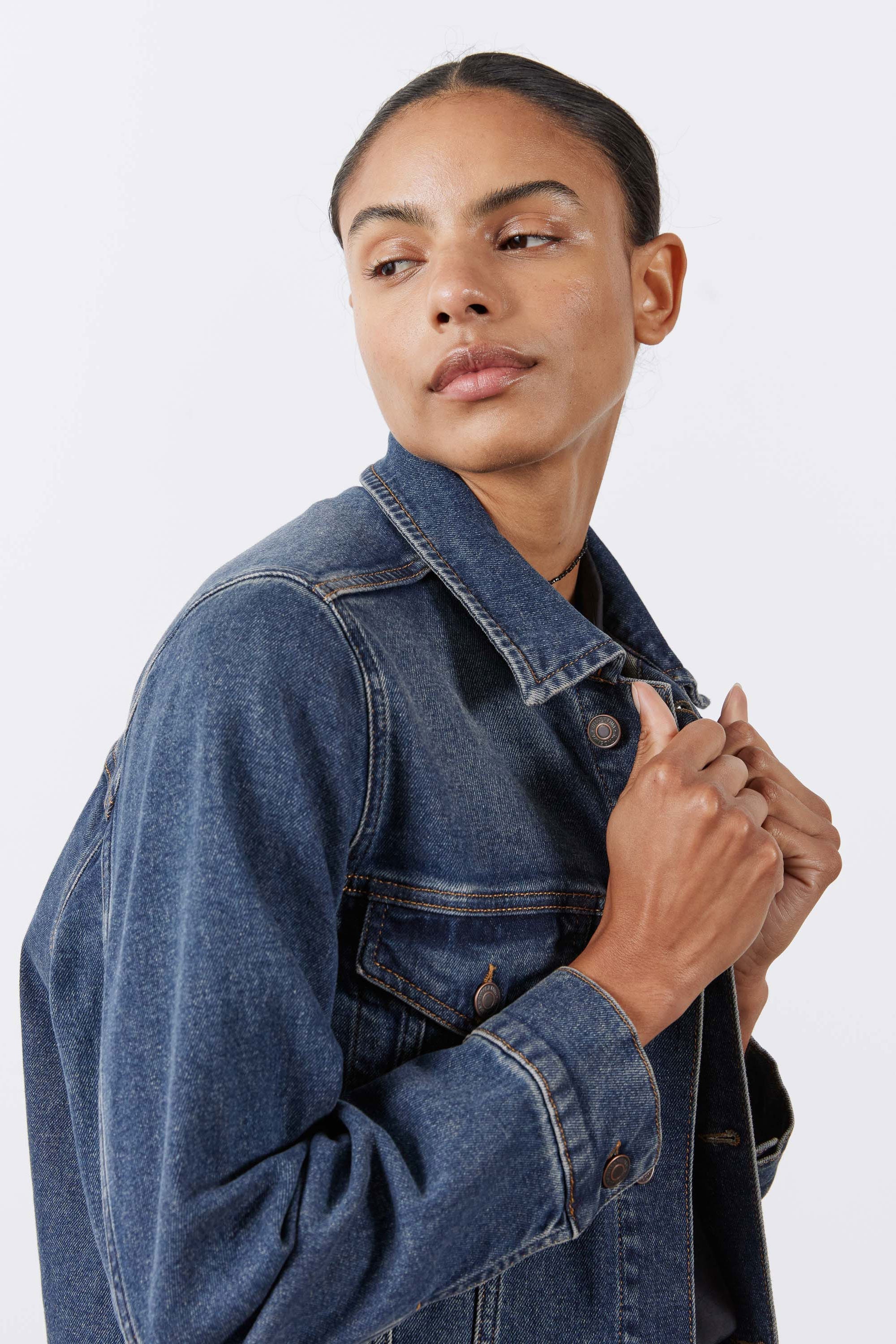 Longline Medium-Wash Denim Jacket