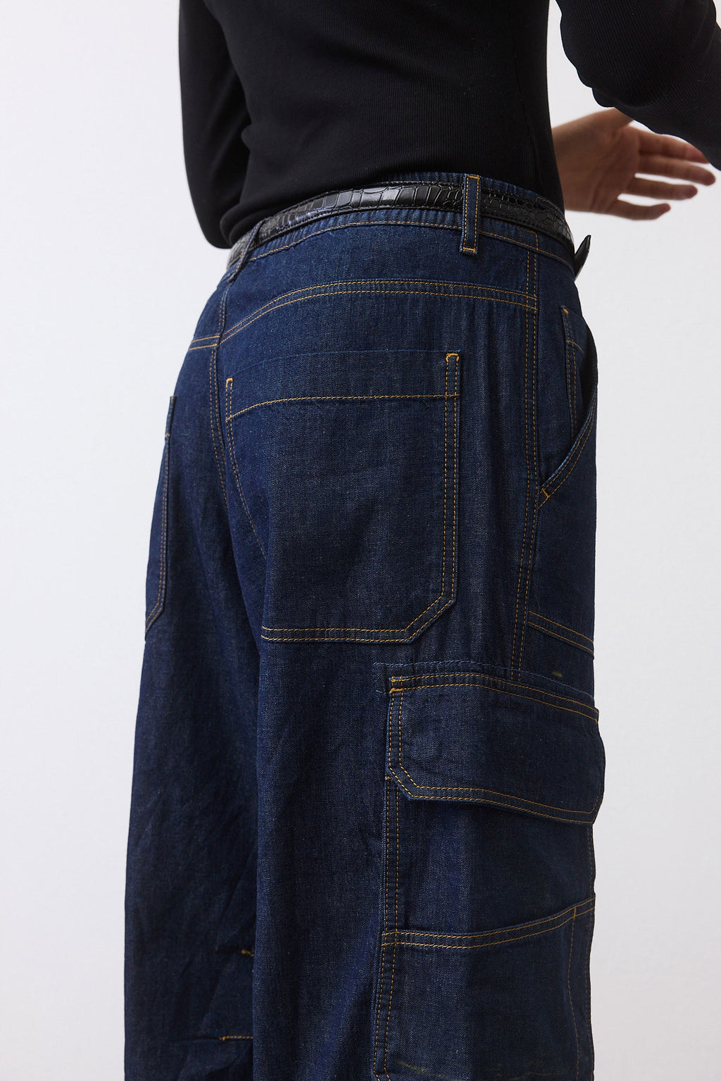 Petite Wide-Leg Light Denim Cargo Pants