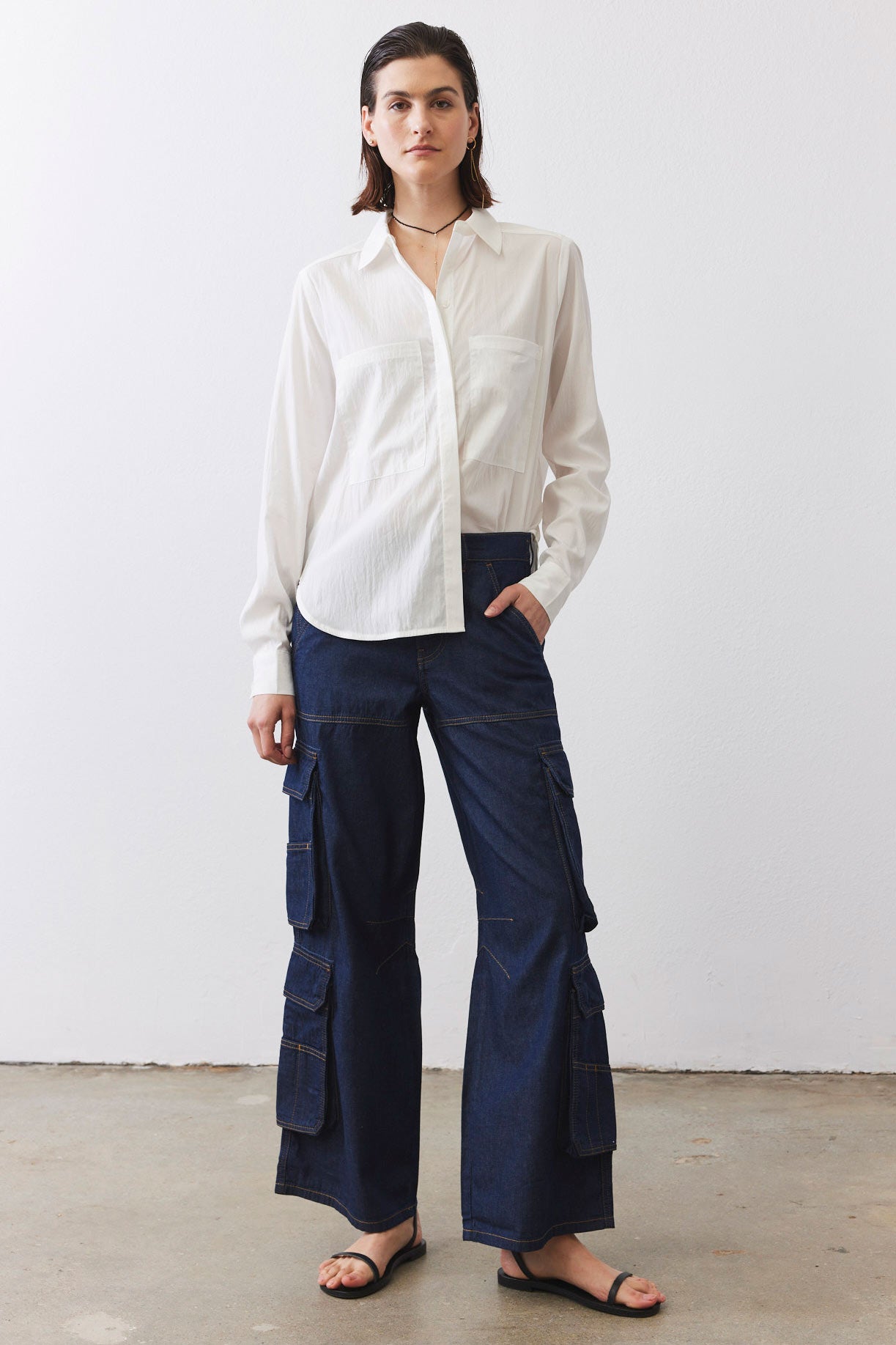 Petite Wide-Leg Light Denim Cargo Pants