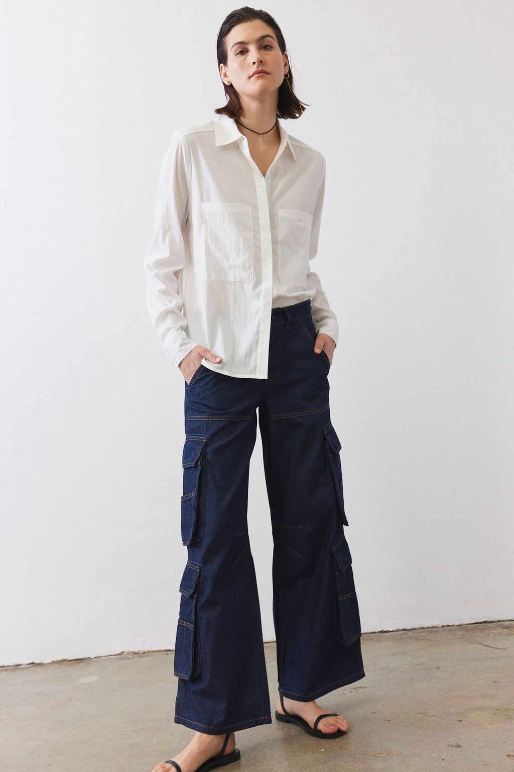 Petite Wide-Leg Light Denim Cargo Pants