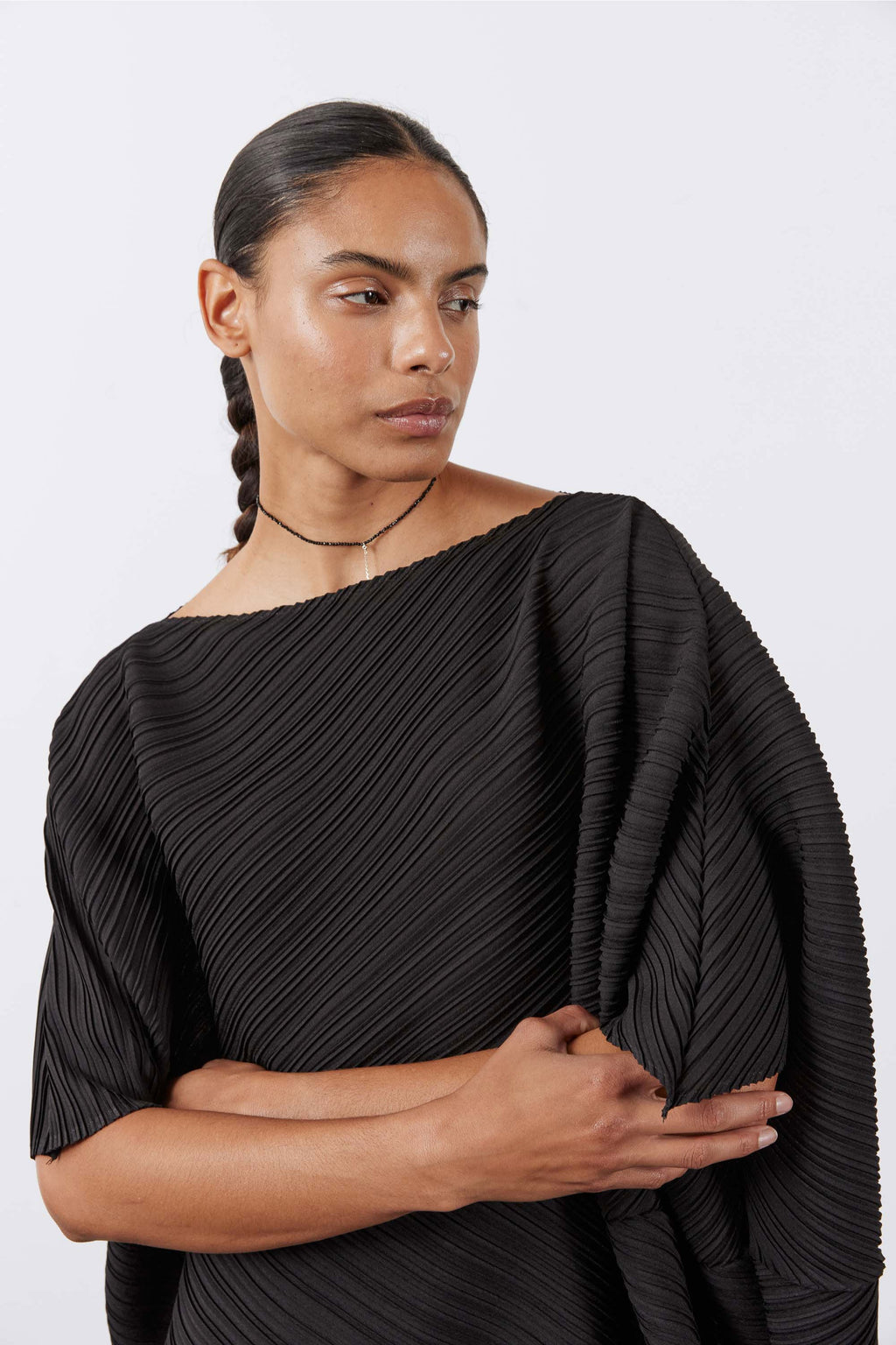Oversized Pleated Stretch Tunic in Black