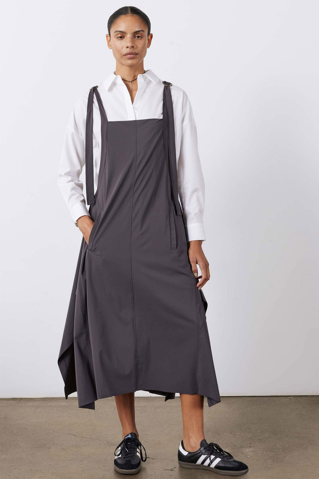 Adjustable-Strap Sarafan Dress in Graphite