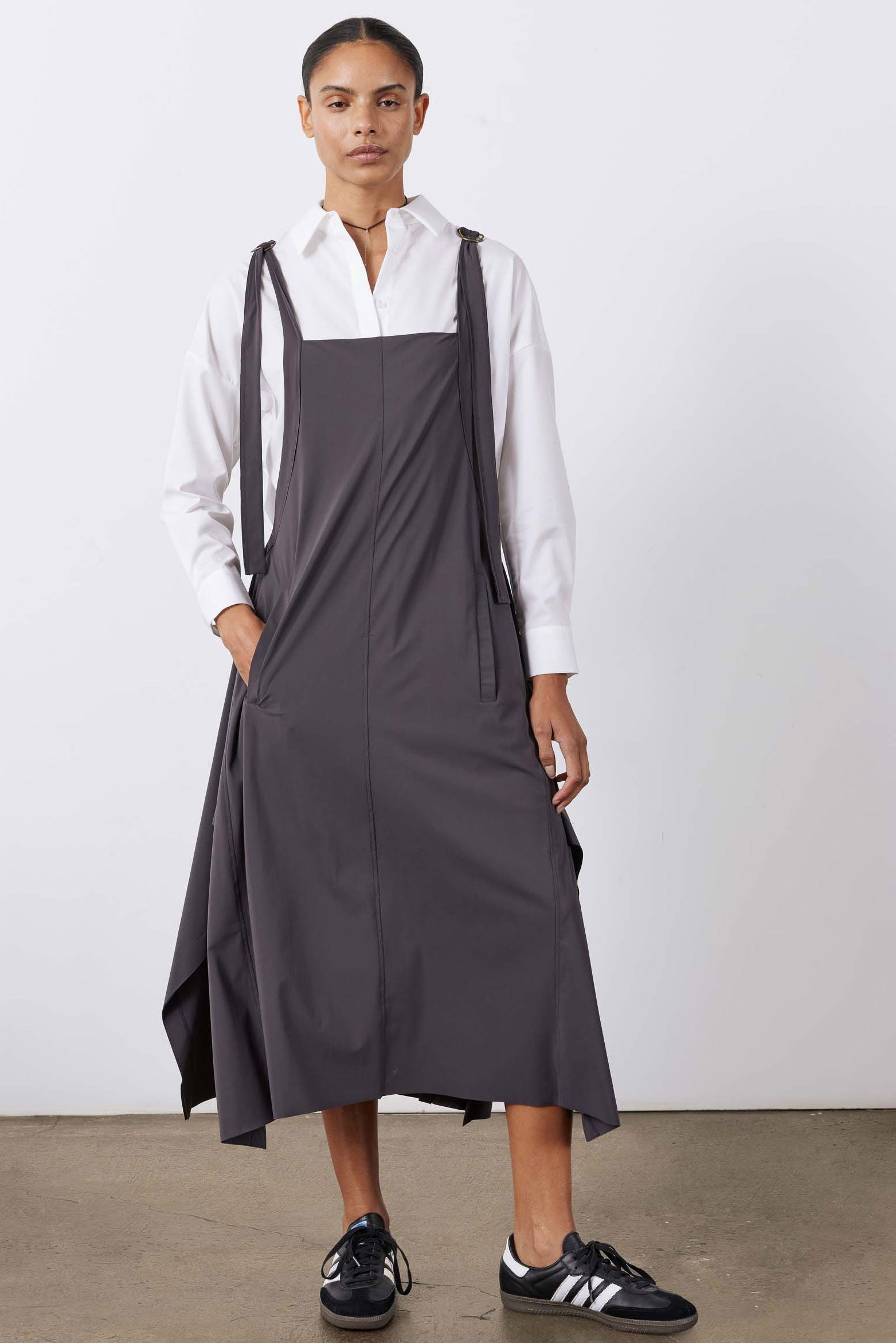 Adjustable-Strap Sarafan Dress in Graphite
