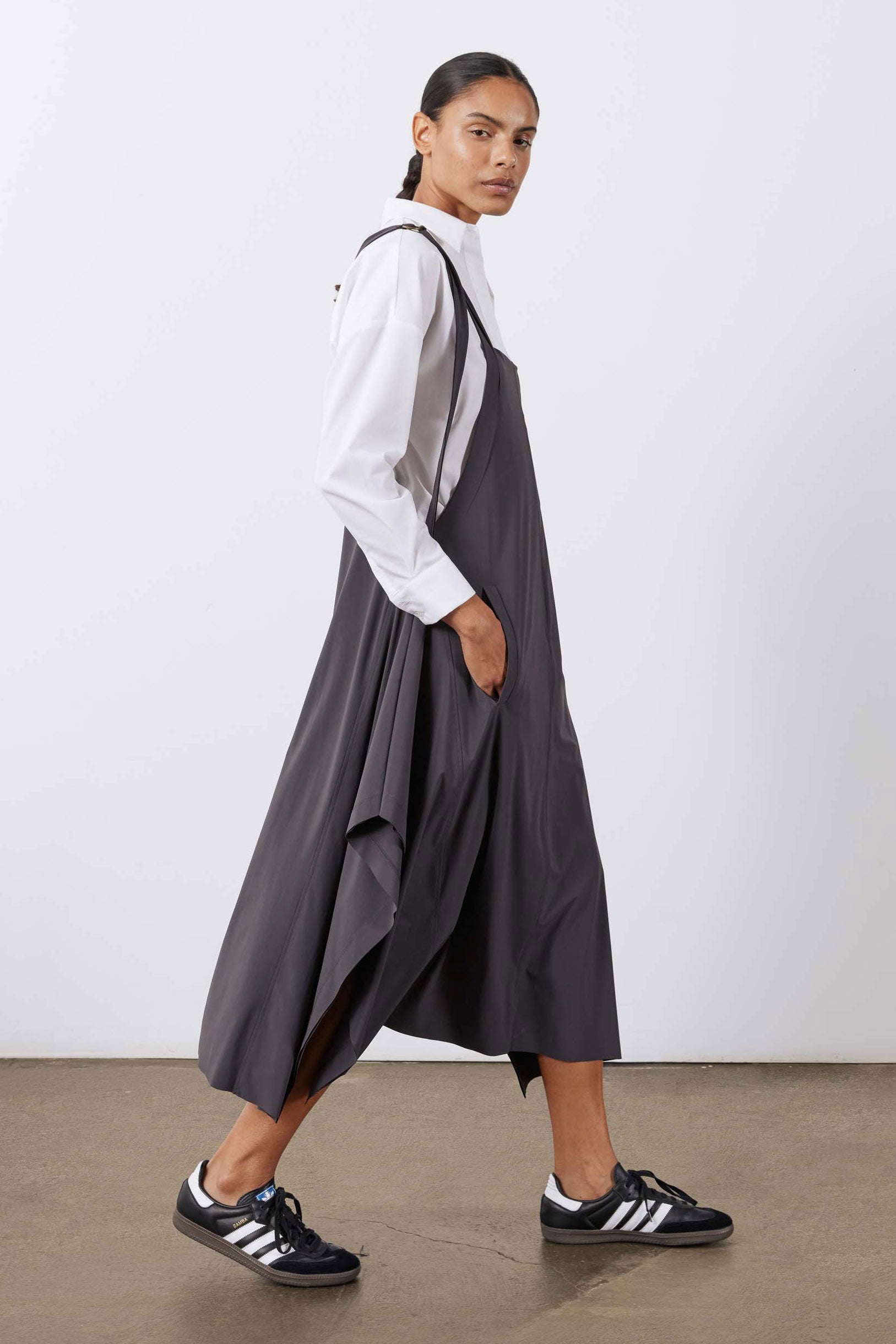 Adjustable-Strap Sarafan Dress in Graphite