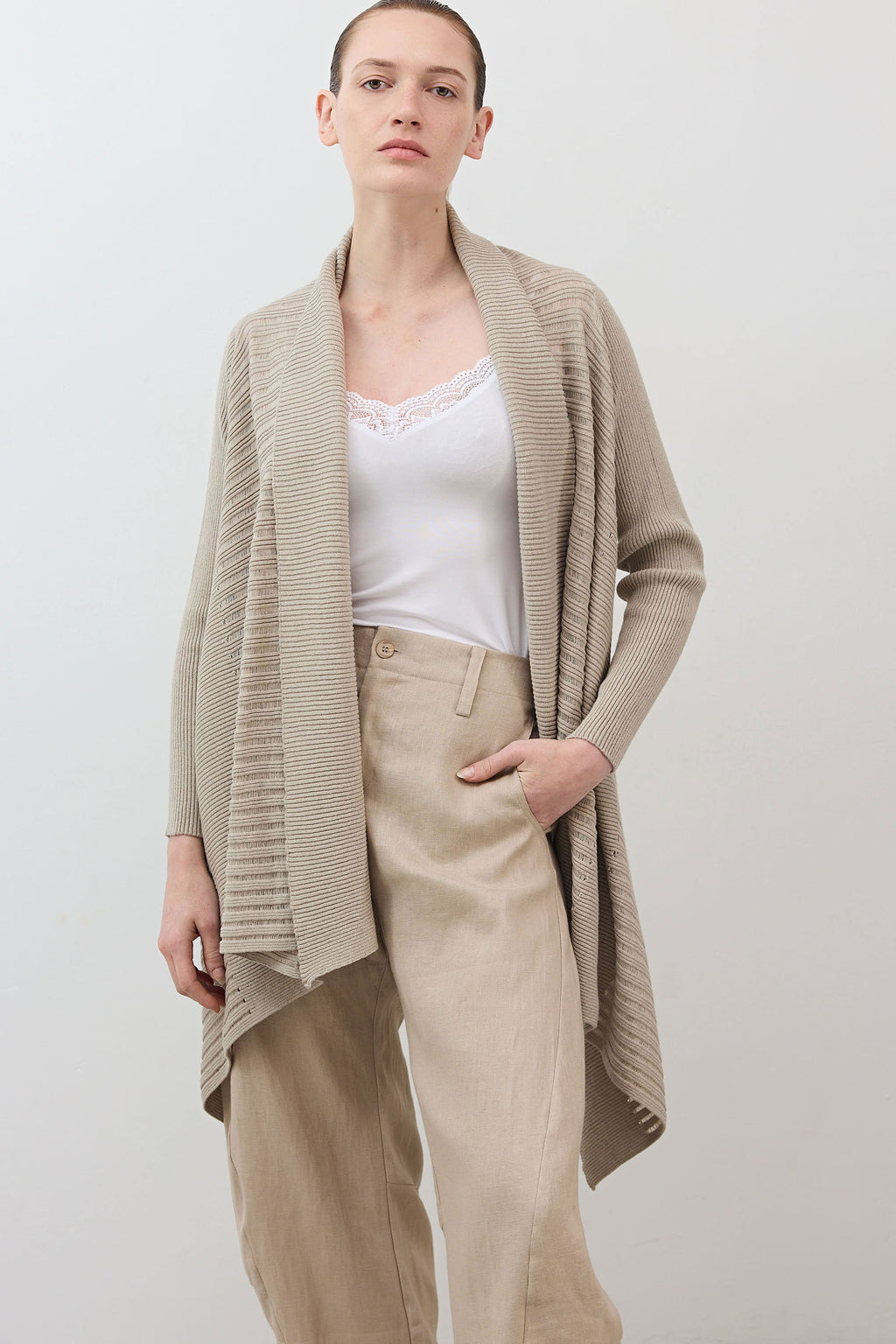 Open-Front Ribbed Knit Cardigan in Marble Sand