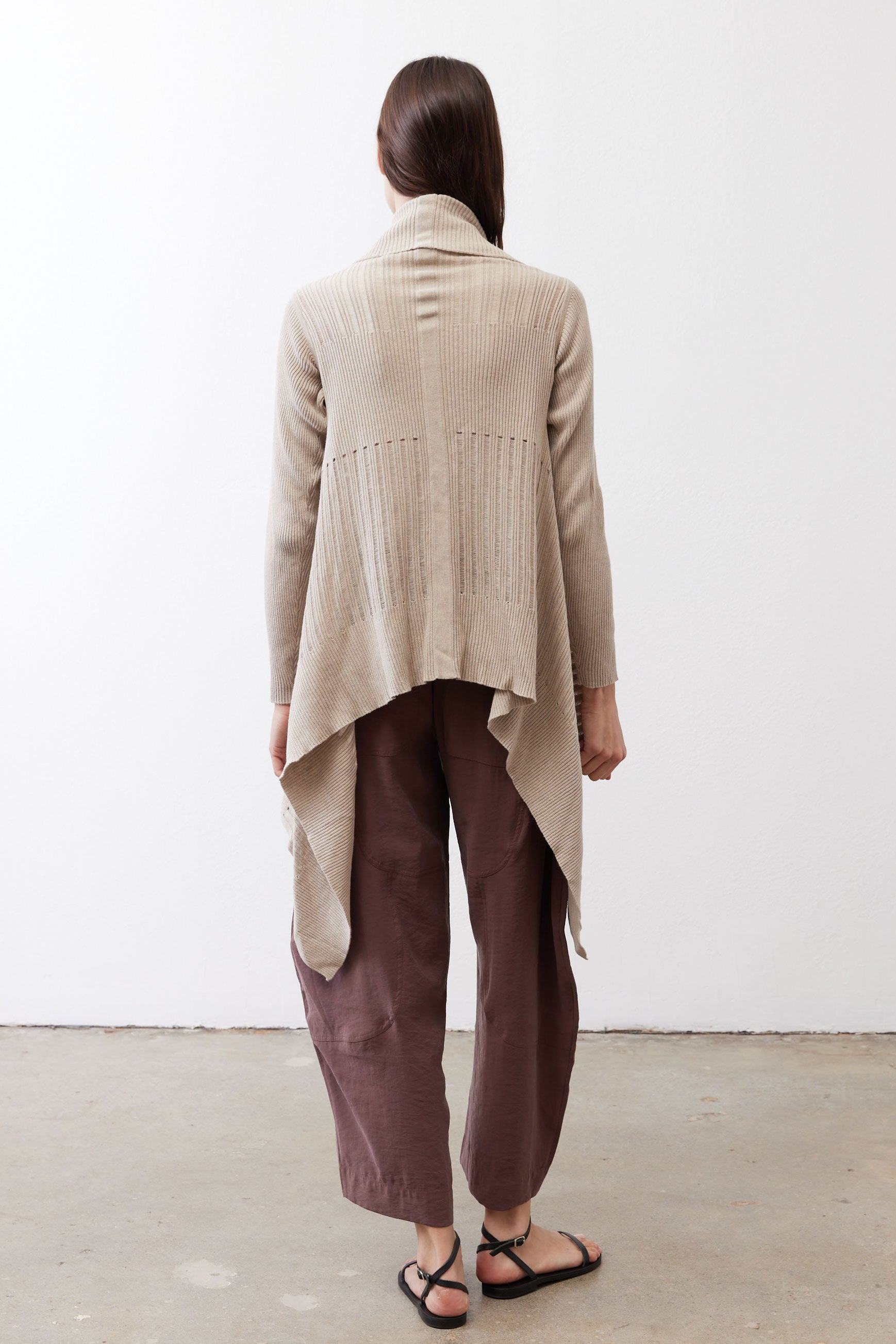 Open-Front Ribbed Knit Cardigan in Marble Sand