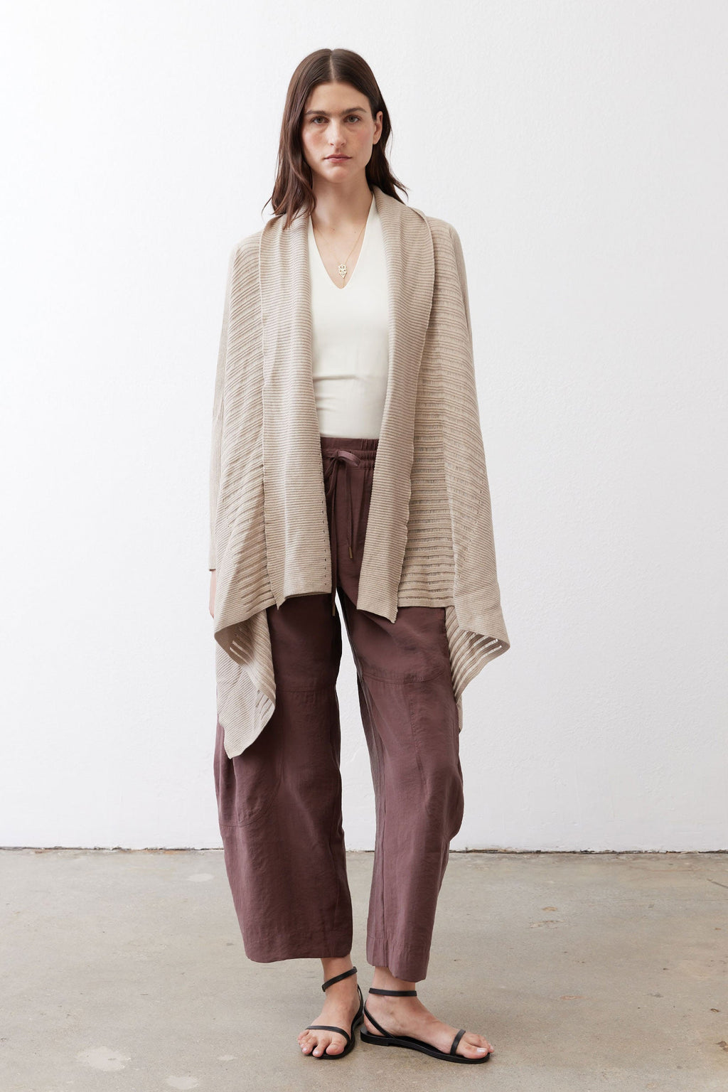 Open-Front Ribbed Knit Cardigan in Marble Sand