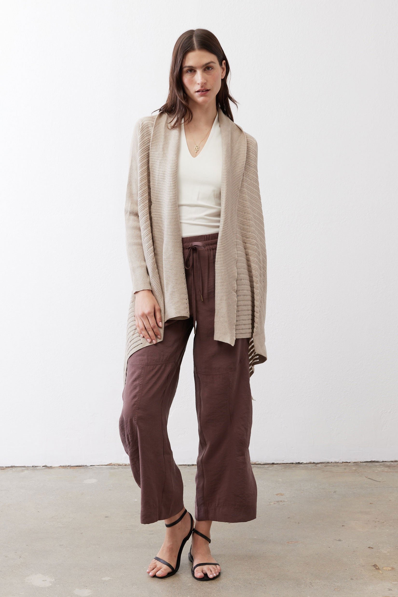 Open-Front Ribbed Knit Cardigan in Marble Sand