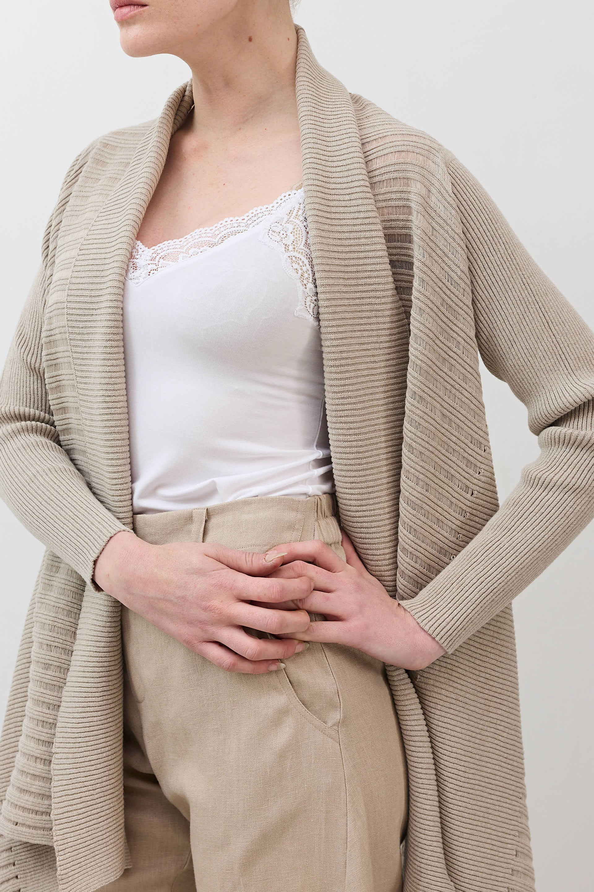 Open-Front Ribbed Knit Cardigan in Marble Sand
