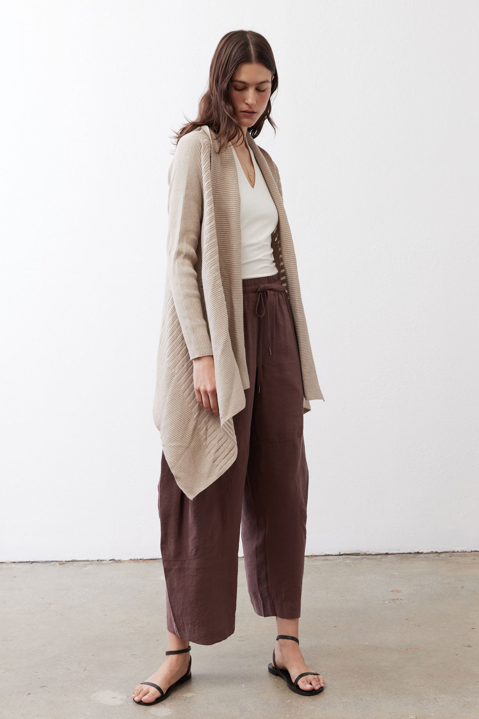 Open-Front Ribbed Knit Cardigan in Marble Sand