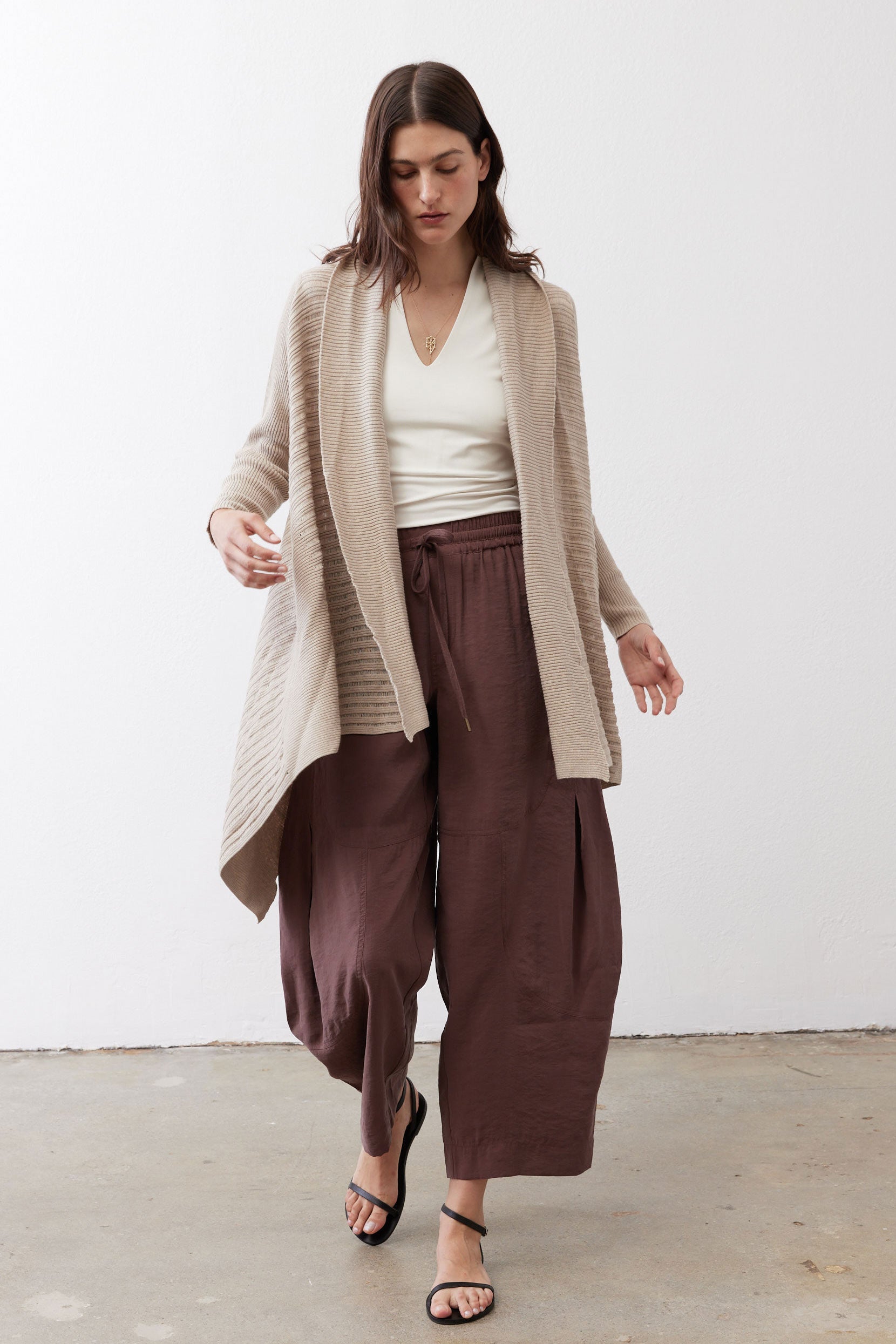 Open-Front Ribbed Knit Cardigan in Marble Sand