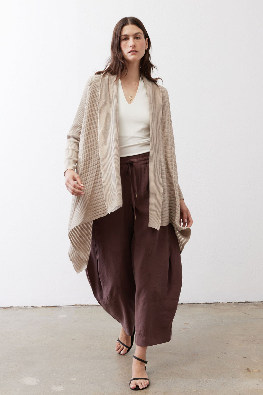Open-Front Ribbed Knit Cardigan in Marble Sand