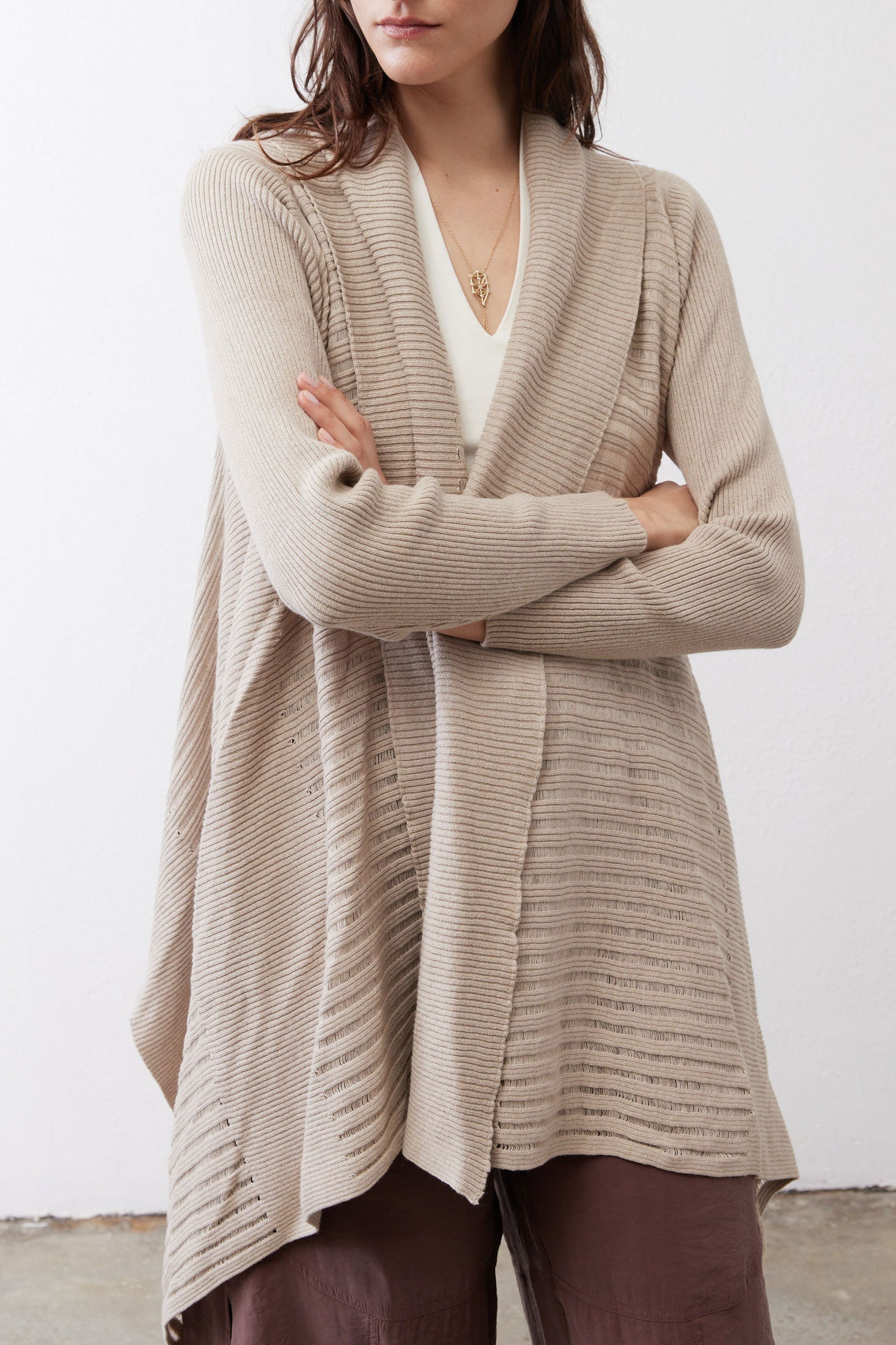 Open-Front Ribbed Knit Cardigan in Marble Sand