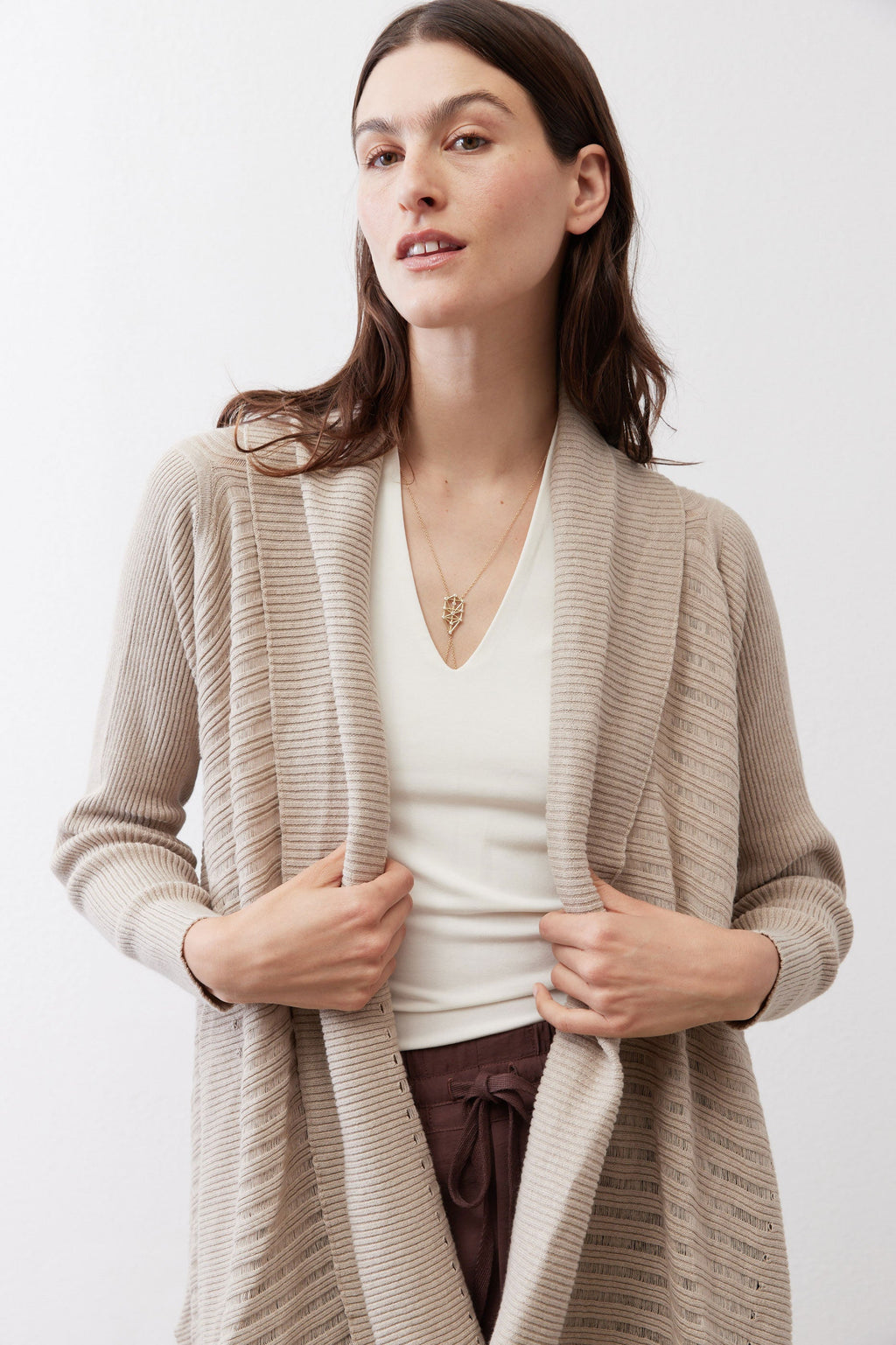Open-Front Ribbed Knit Cardigan in Marble Sand