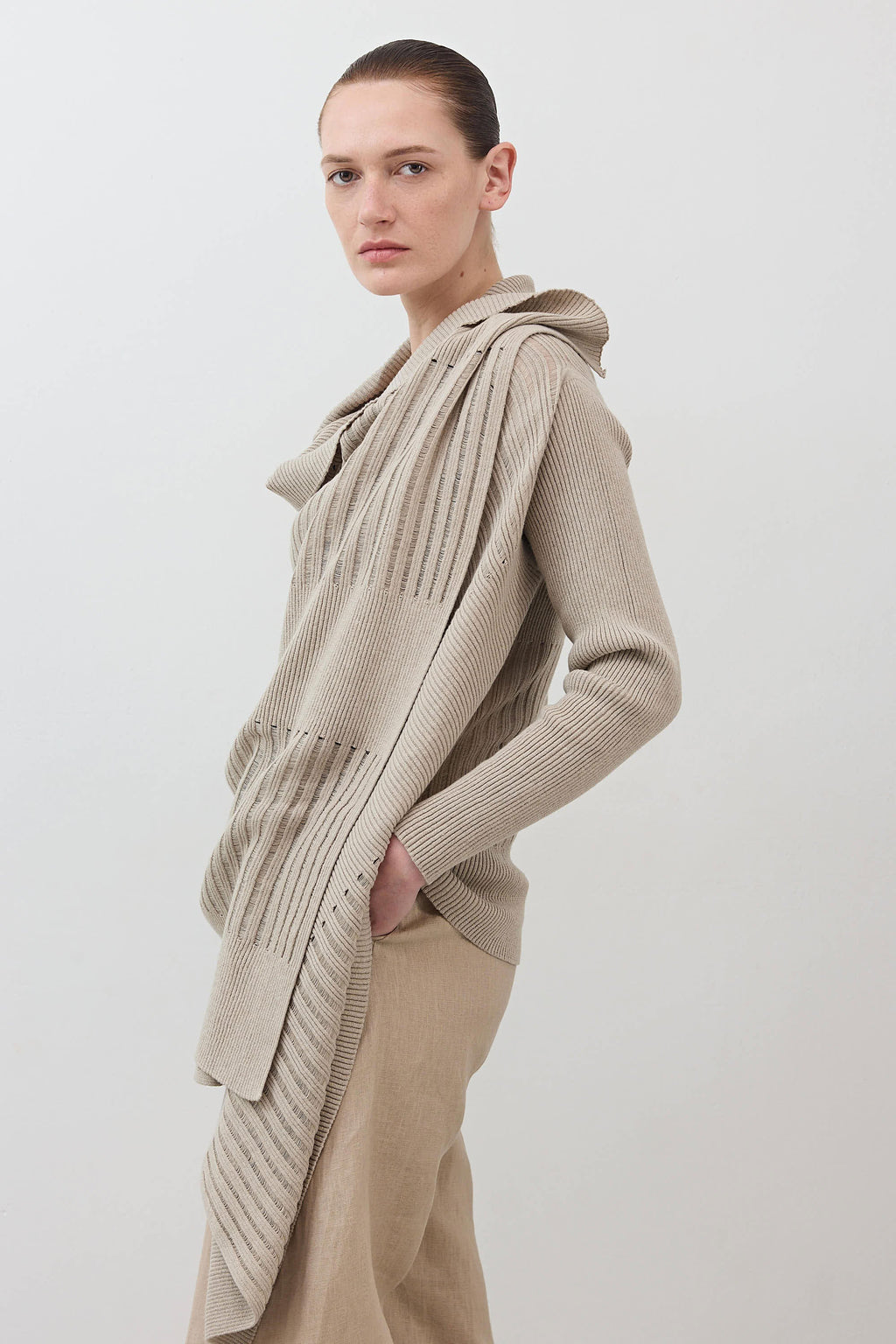 Open-Front Ribbed Knit Cardigan in Marble Sand