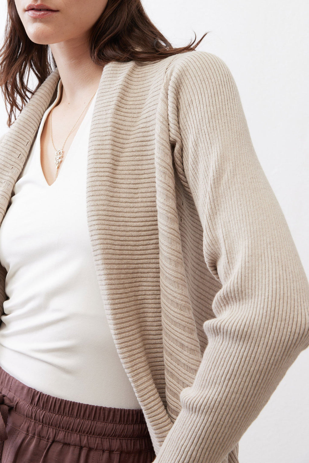 Open-Front Ribbed Knit Cardigan in Marble Sand