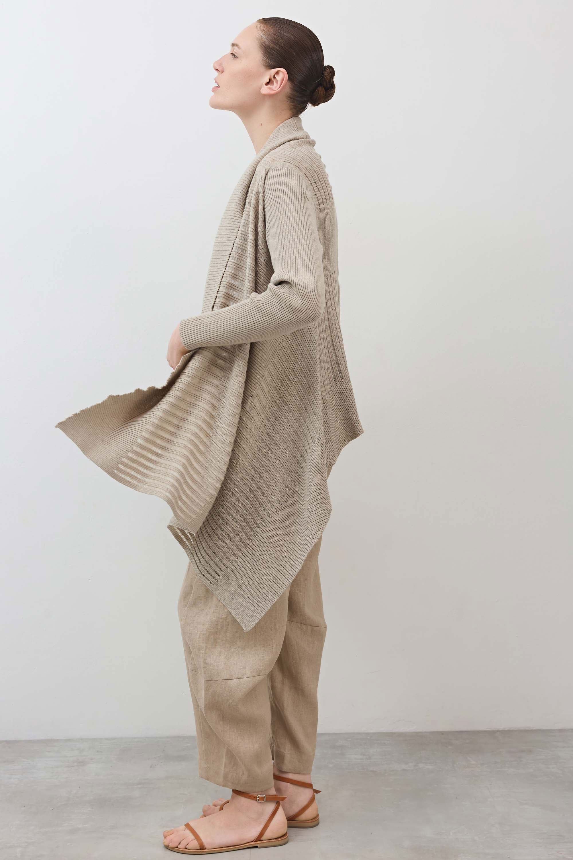 Open-Front Ribbed Knit Cardigan in Marble Sand