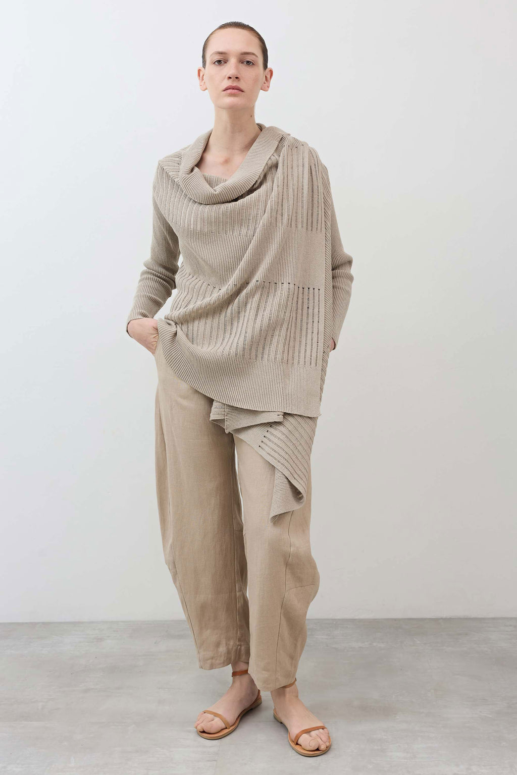 Open-Front Ribbed Knit Cardigan in Marble Sand