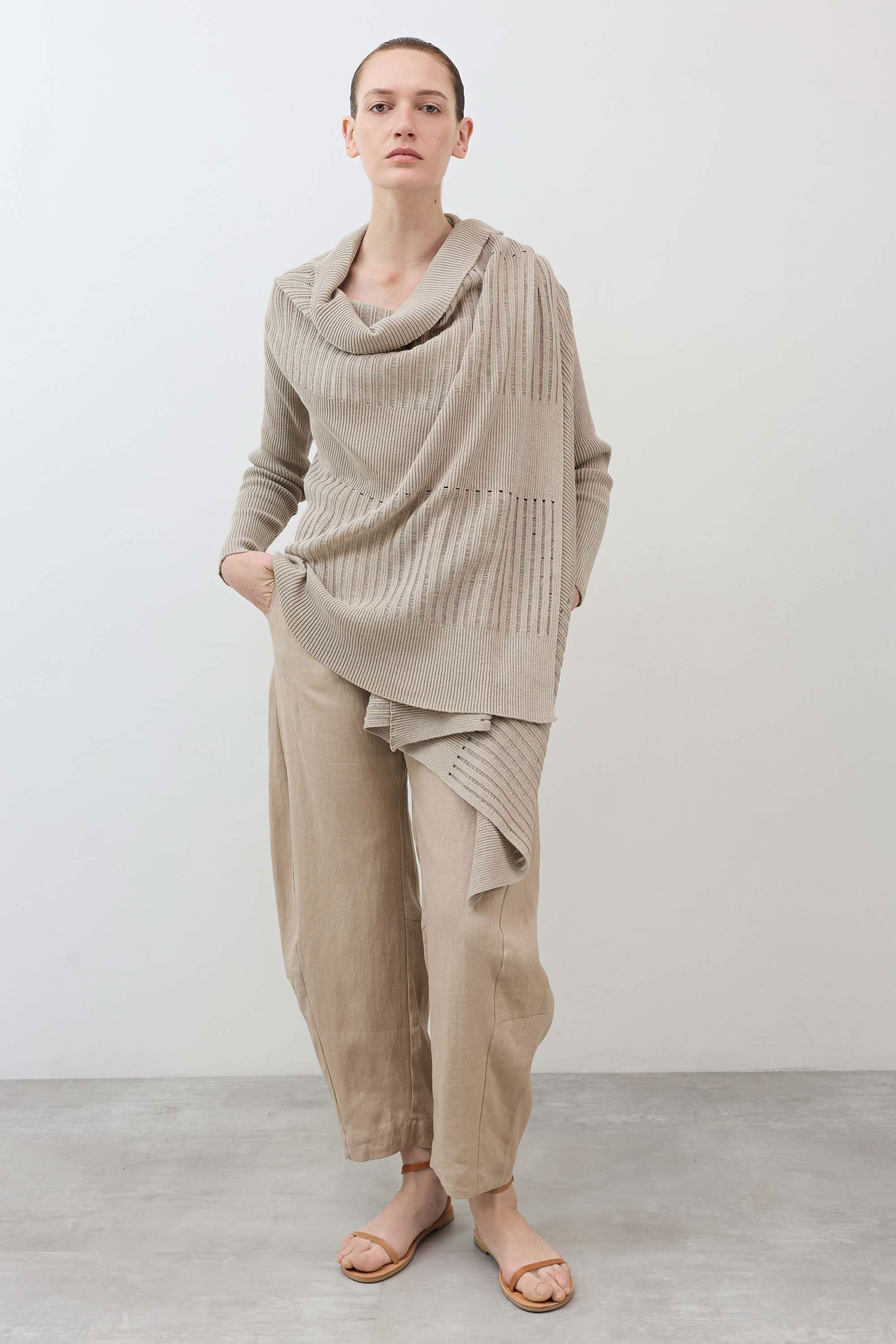 Open-Front Ribbed Knit Cardigan in Marble Sand