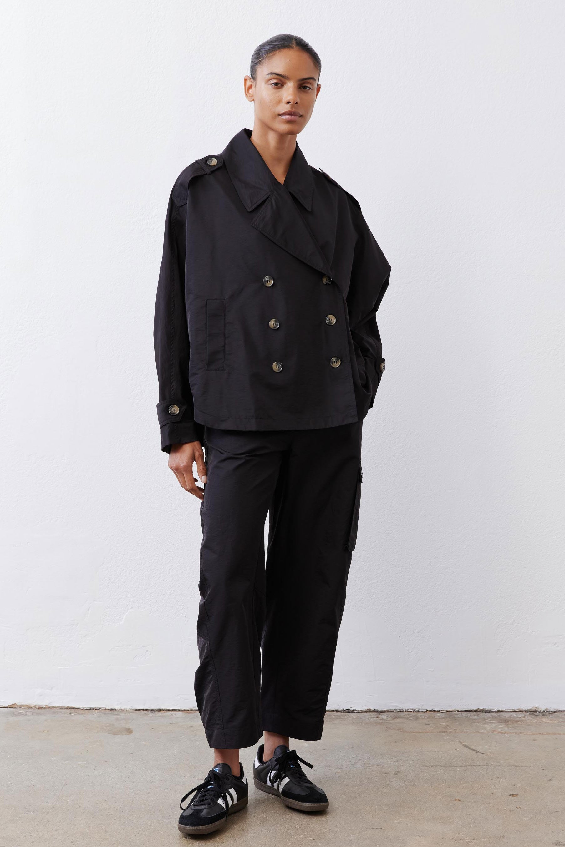 Oversized Nylon Trench Coat in Black