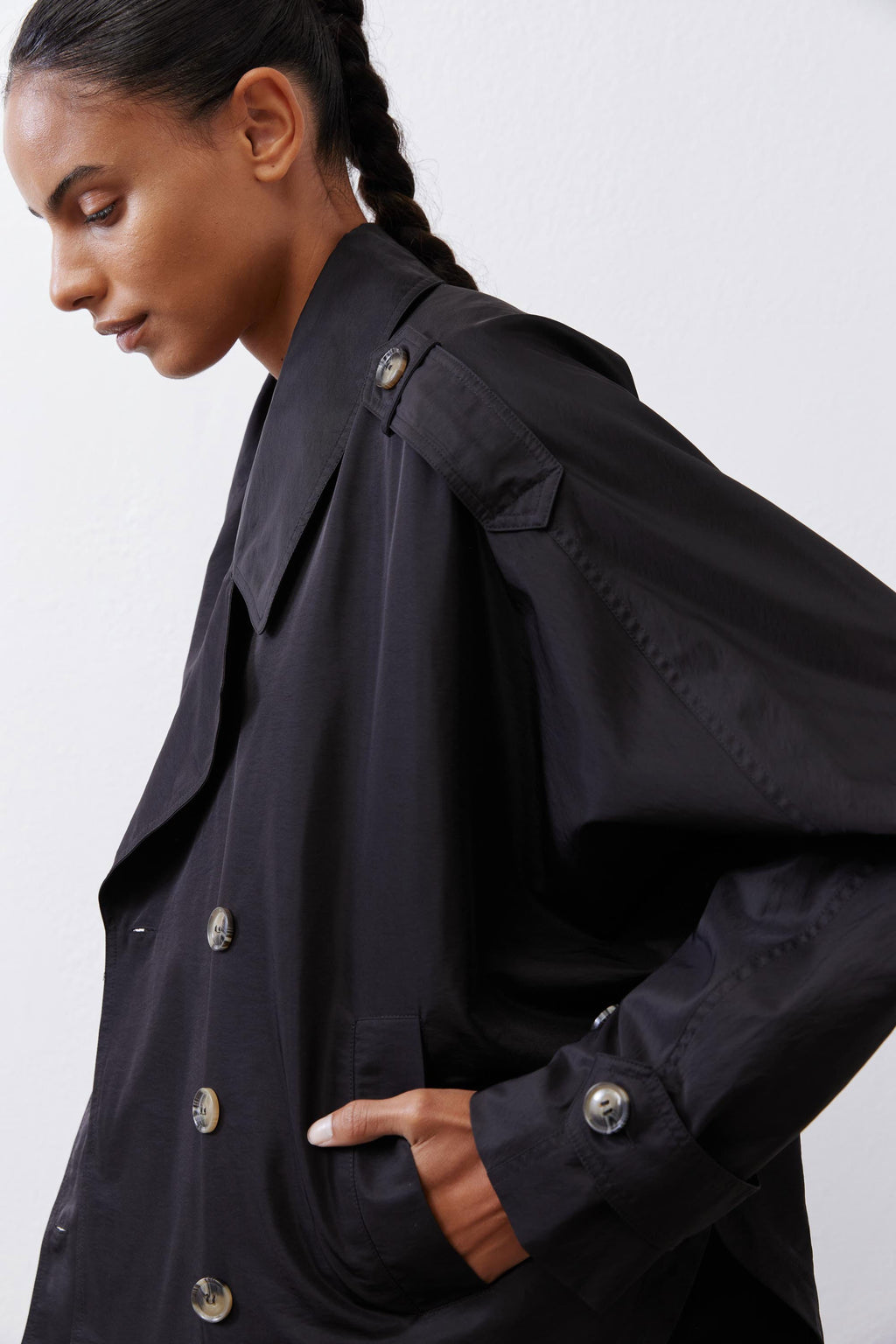 Oversized Nylon Trench Coat in Black